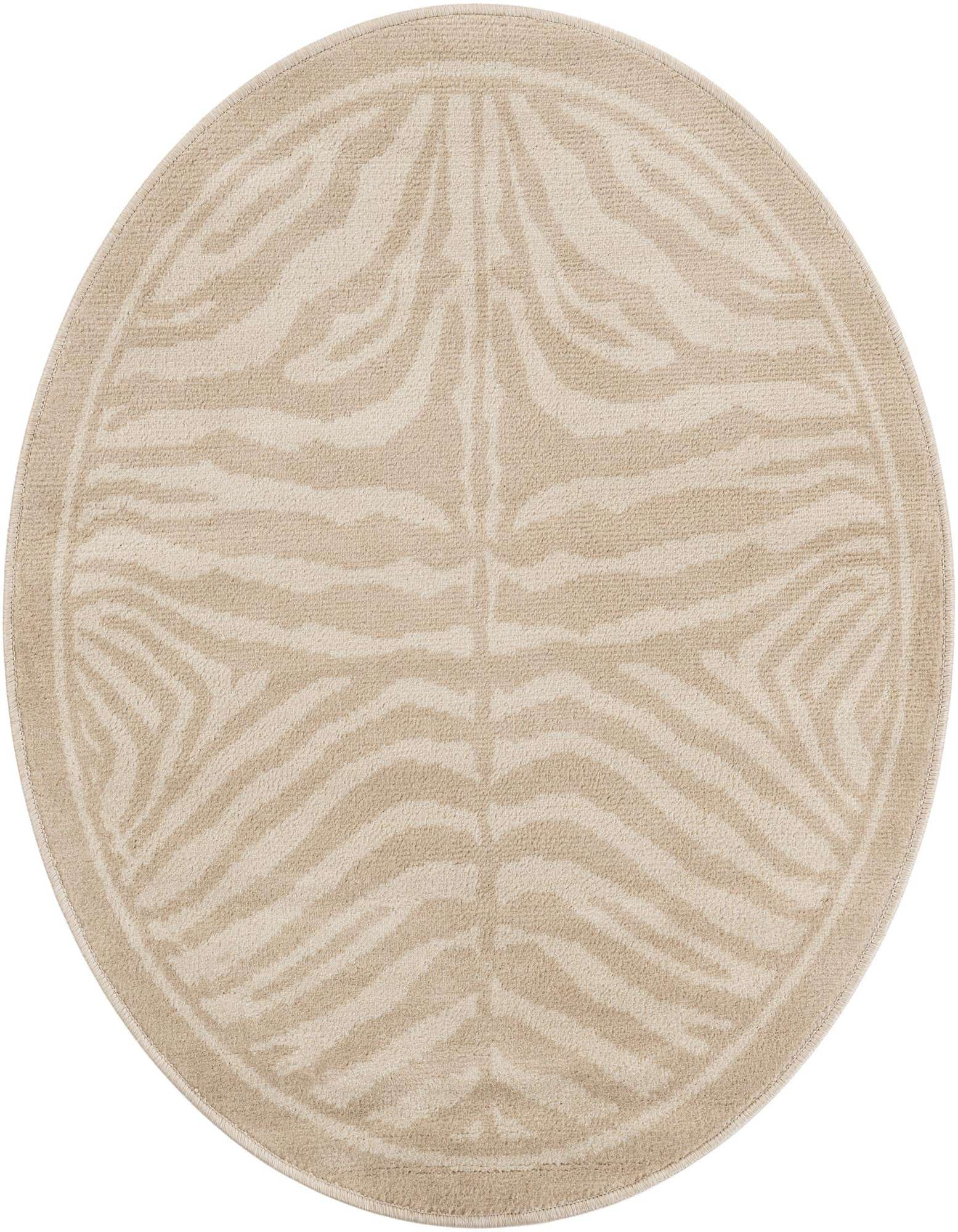 A 4' round ivory and cream rug with a modern zebra stripe pattern, perfect for a living room or bedroom.