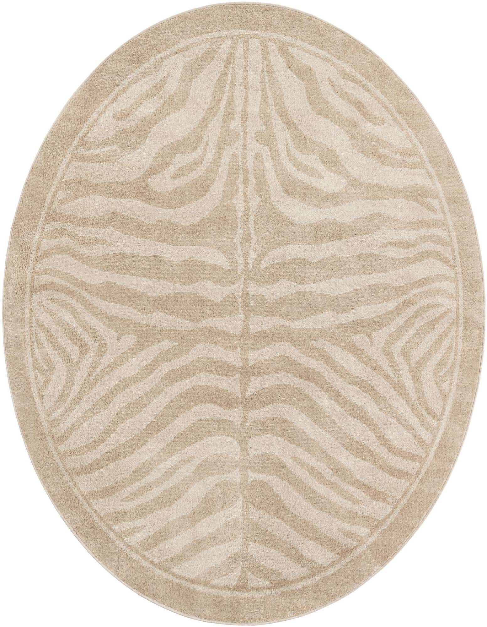 A 5' 0 x 5' 0 round ivory rug with a subtle modern zebra stripe pattern, perfect for an indoor living space.