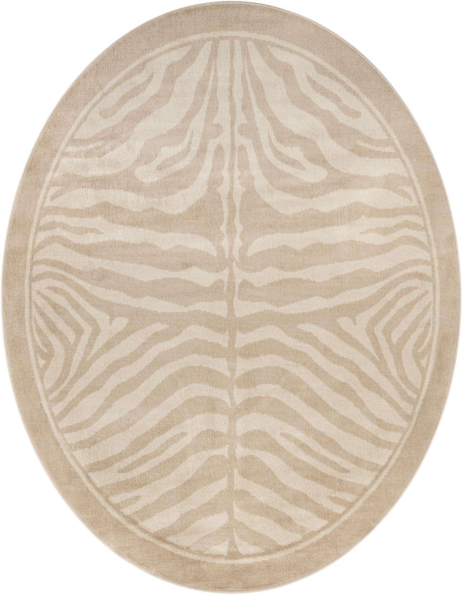 A round ivory and cream rug with a modern zebra stripe pattern and a subtle border, perfect for an indoor living space.