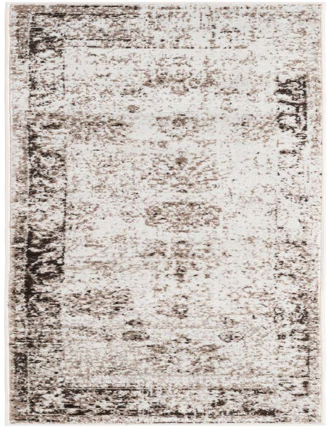 A 6 ft runner rug with a distressed ivory and dark brown vintage Oriental pattern, ideal for a hallway.