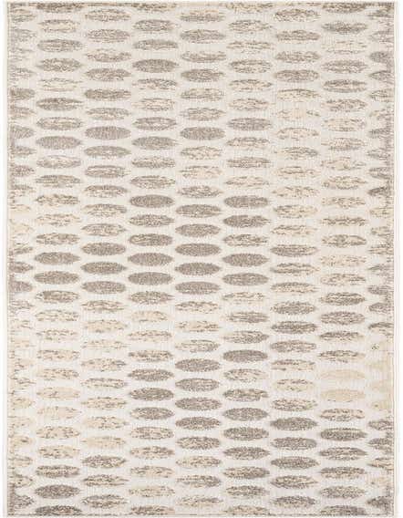 A 12 ft runner rug with a modern ivory and cream background featuring textured gray and beige polka dots.