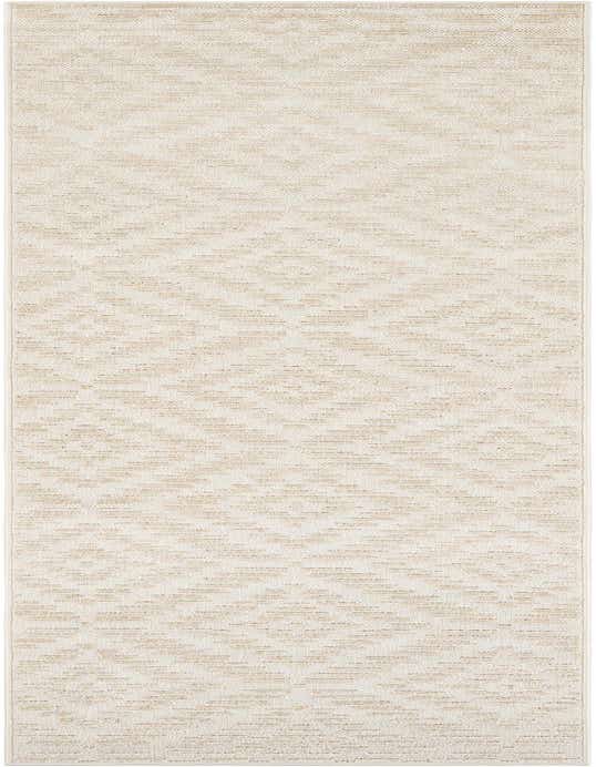 A 10 ft runner rug in ivory and cream with a modern textured pattern, suitable for hallways or patios.