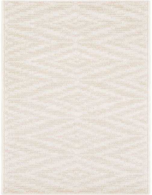 An 8 ft runner rug in ivory and cream with a modern textured pattern, suitable for hallways or outdoor patios.