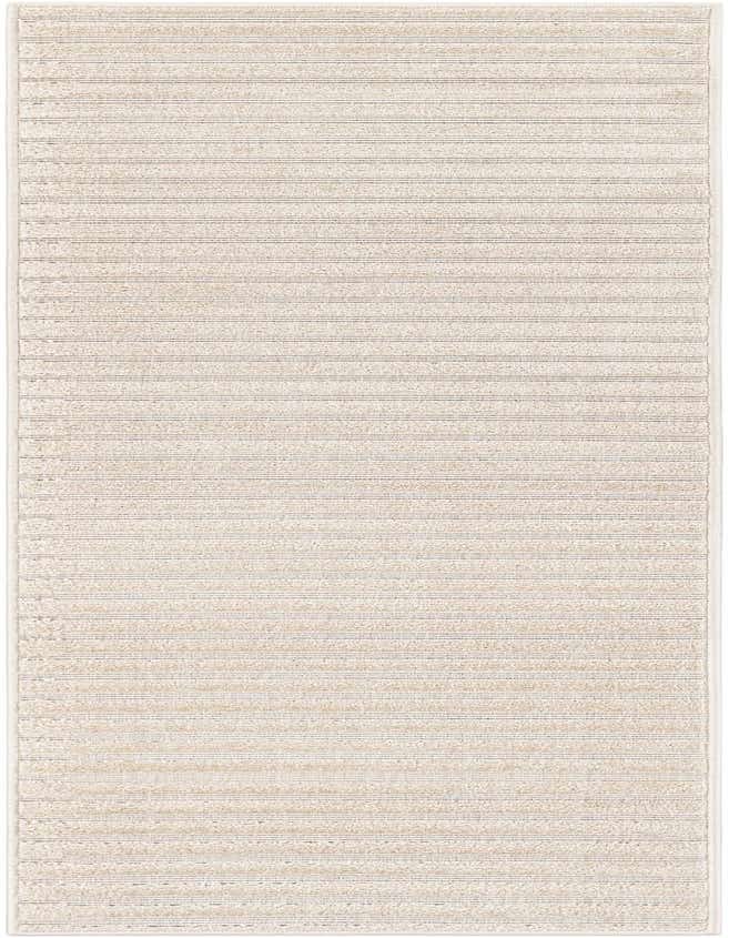 A 6 ft runner rug in ivory and cream with subtle horizontal stripes, suitable for indoor or outdoor use.