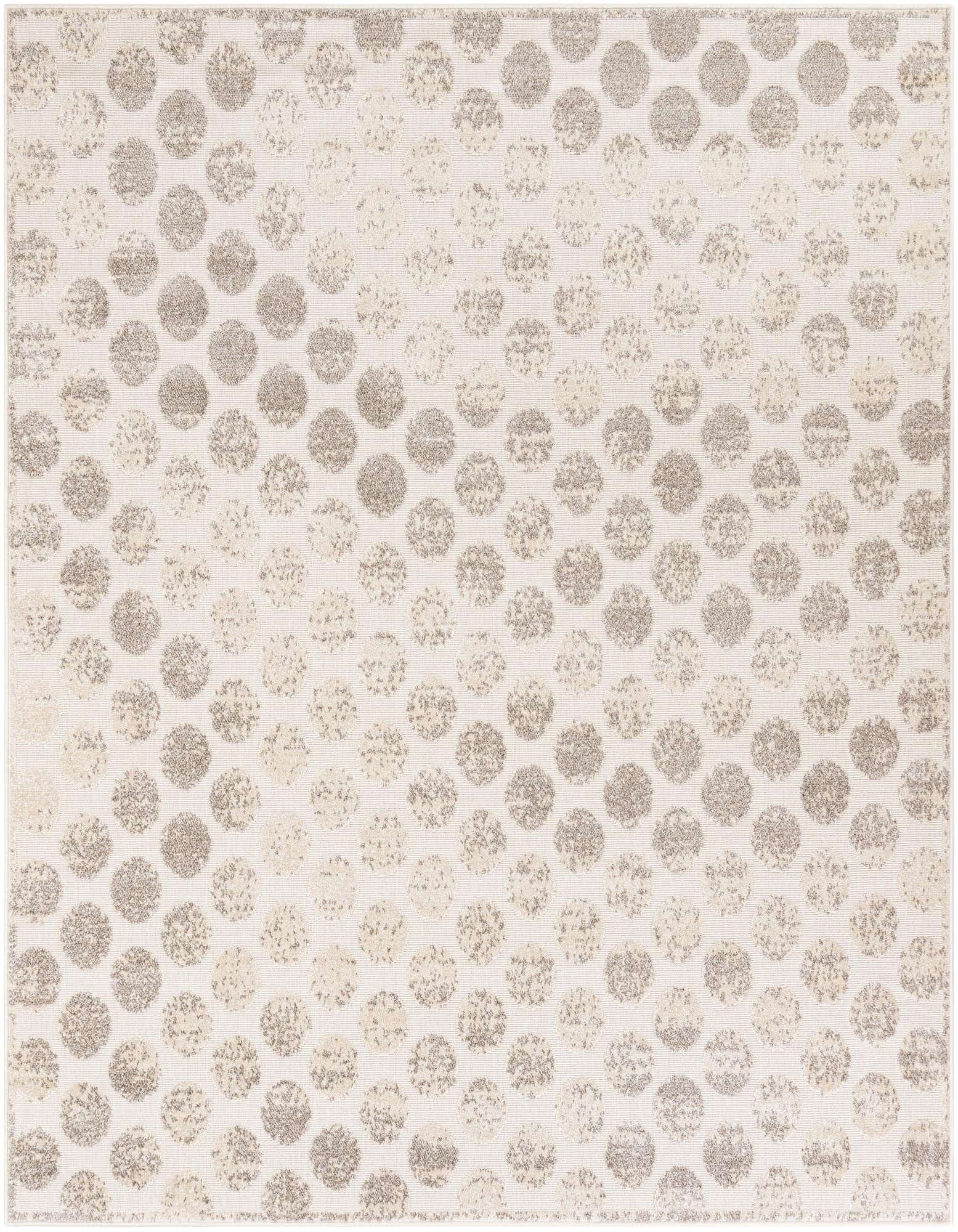 A square ivory and cream modern area rug with a textured polka dot pattern, suitable for indoor or outdoor use.