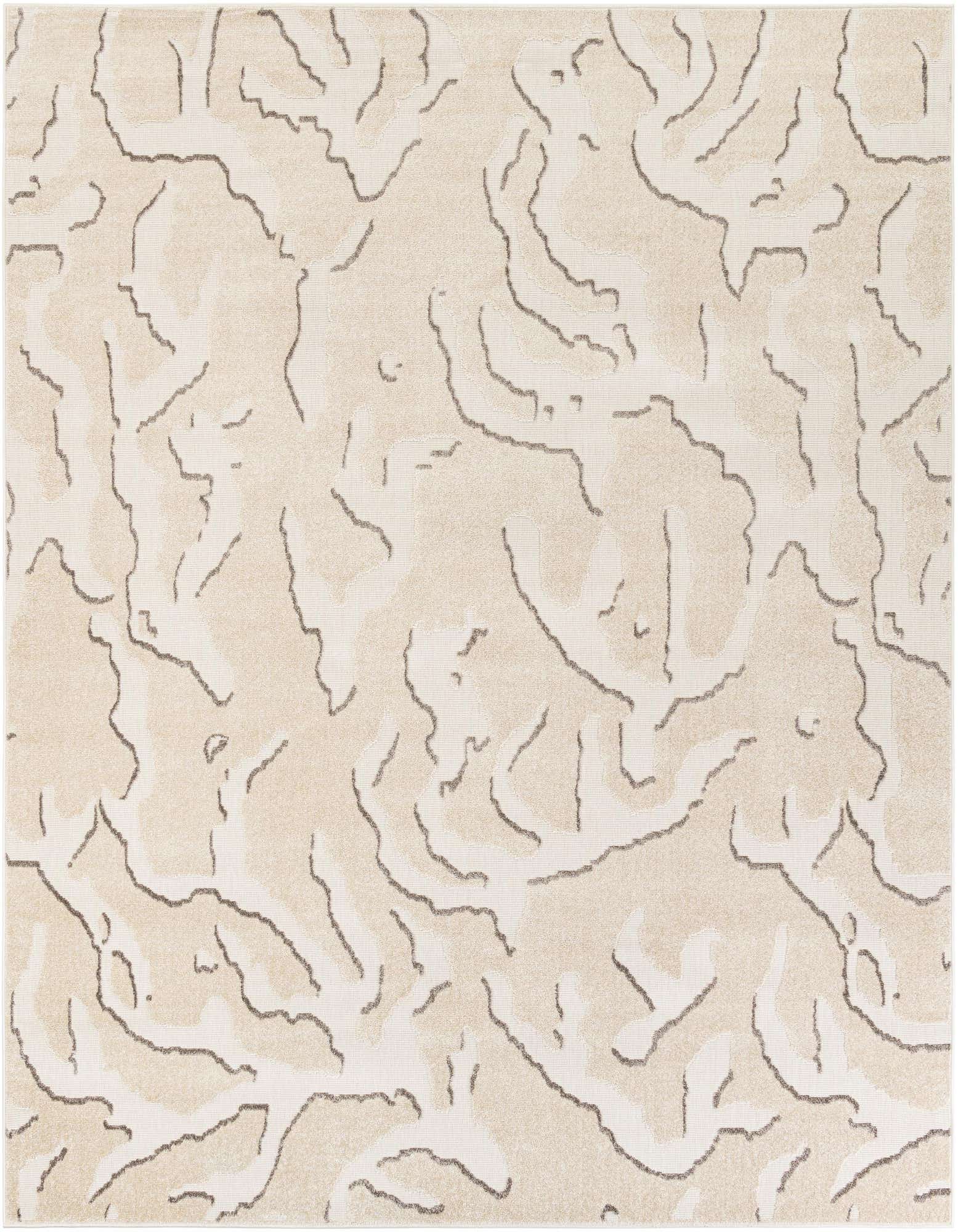 A 10'x10' square ivory and cream modern abstract rug with subtle textured brown lines, suitable for indoor or outdoor use.
