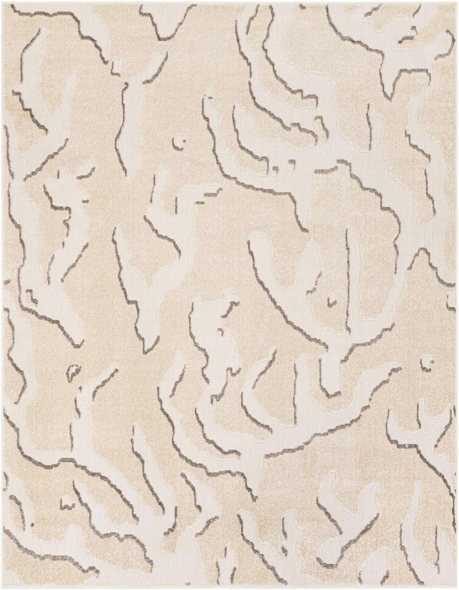 A 7'10" x 7'10" square ivory and cream modern abstract rug with subtle gray lines, suitable for indoor or outdoor spaces.