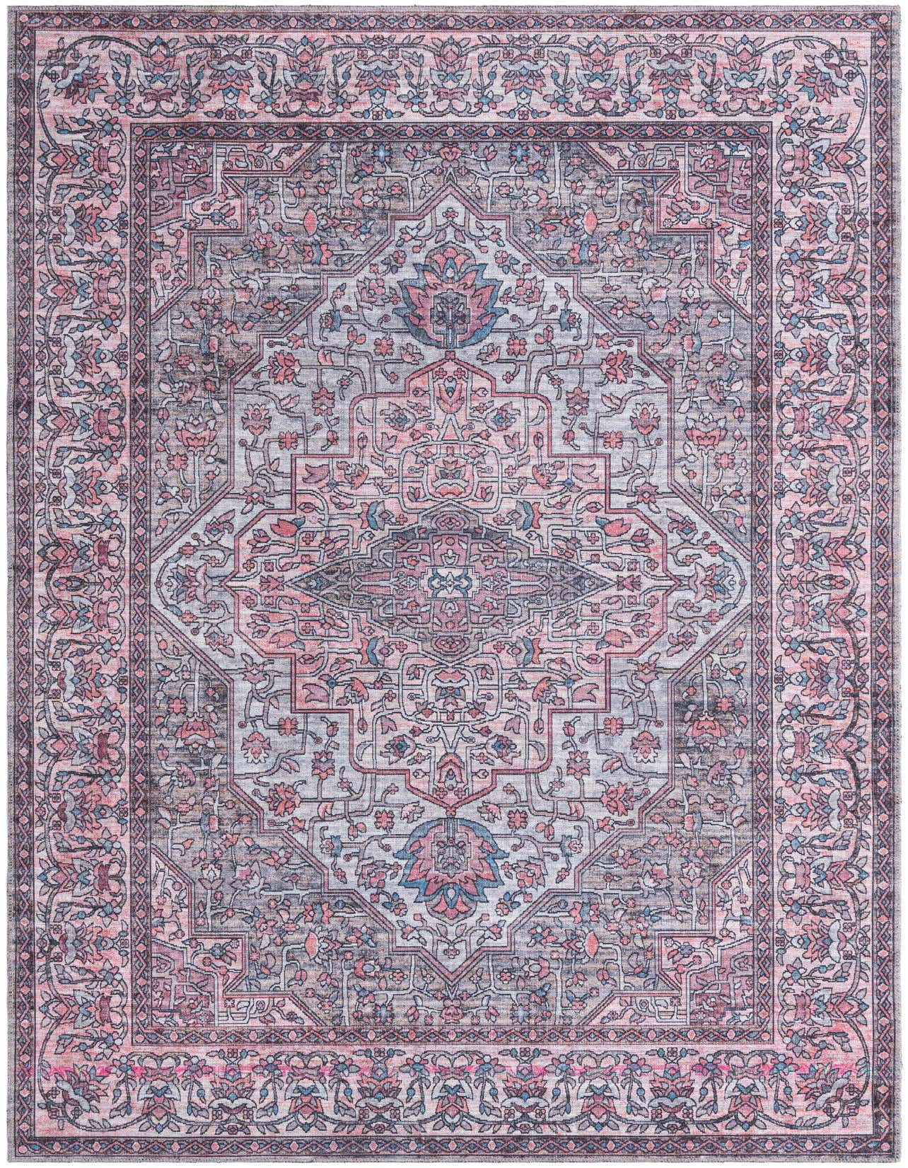 A 6x9 rectangular Mangata rug in beige and pink with a traditional medallion and floral pattern, suitable for a living room.