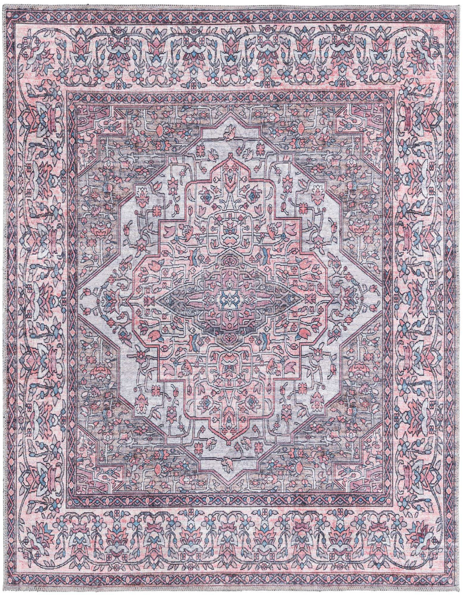 A 5' 3 x 5' 3 square beige and pink traditional rug with an ornate medallion pattern and floral border.