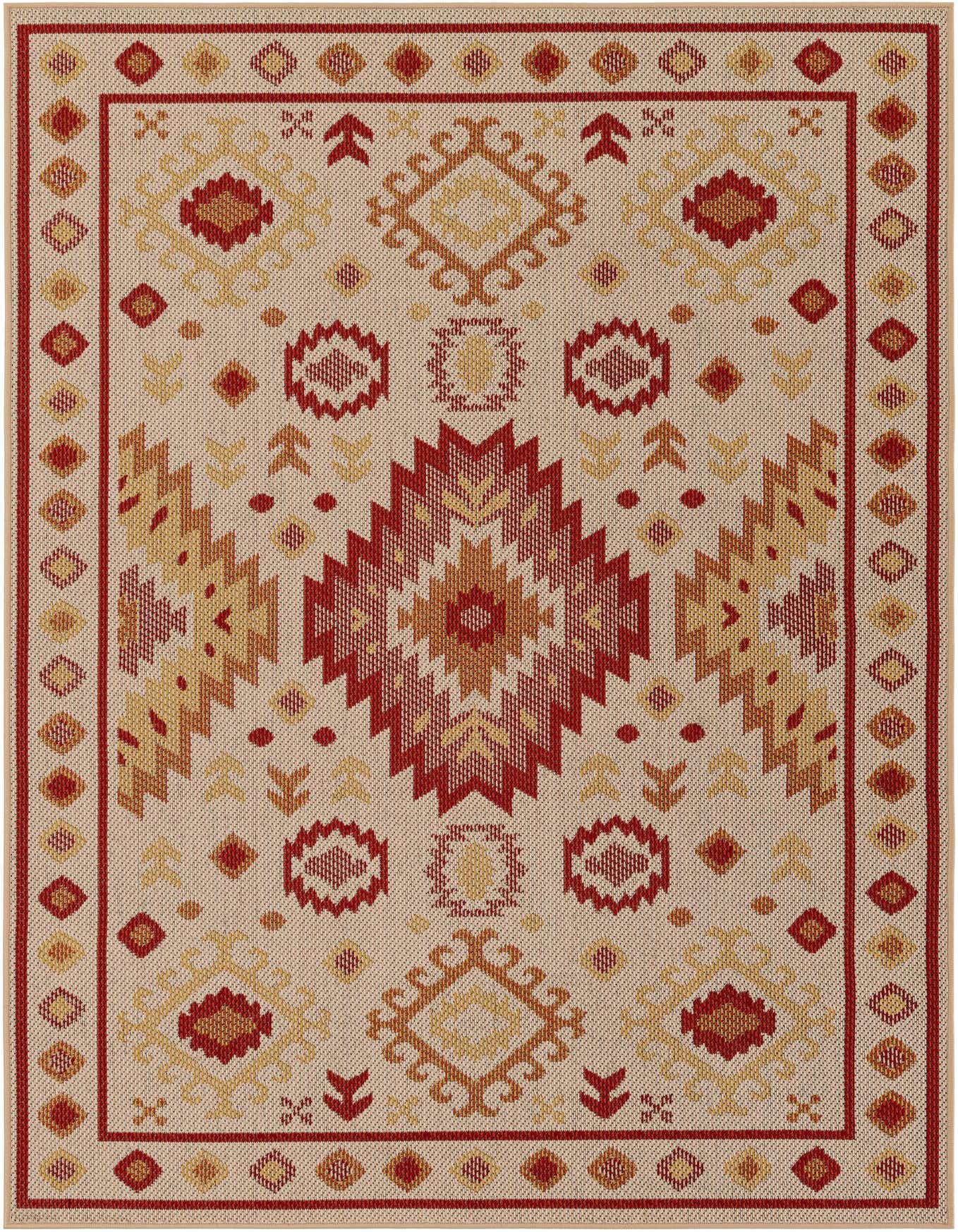 A 5x8 rectangular Baja Outdoor rug featuring a modern geometric pattern in beige, rust red, and gold tones.
