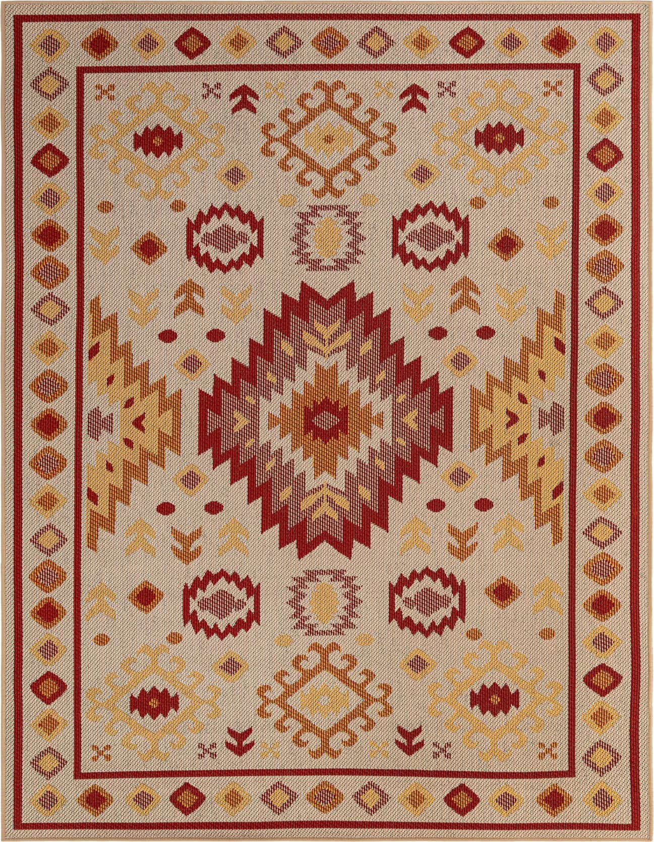 A 6x9 rectangular Baja Outdoor rug featuring a modern geometric pattern in beige, rust red, and yellow tones.