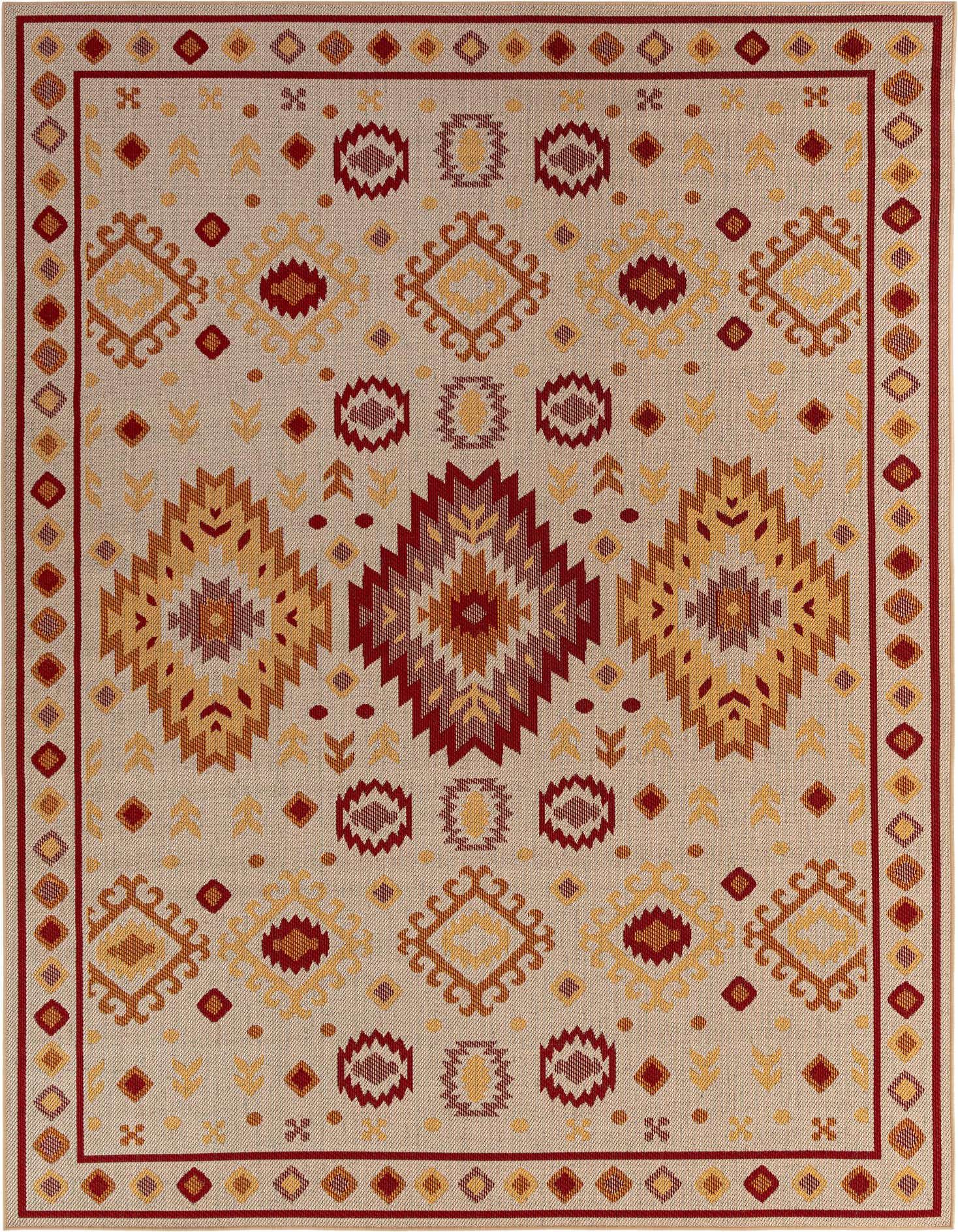 A 9x12 rectangular Baja Outdoor rug in beige with a modern rust red and yellow geometric pattern, suitable for indoor/outdoor use.