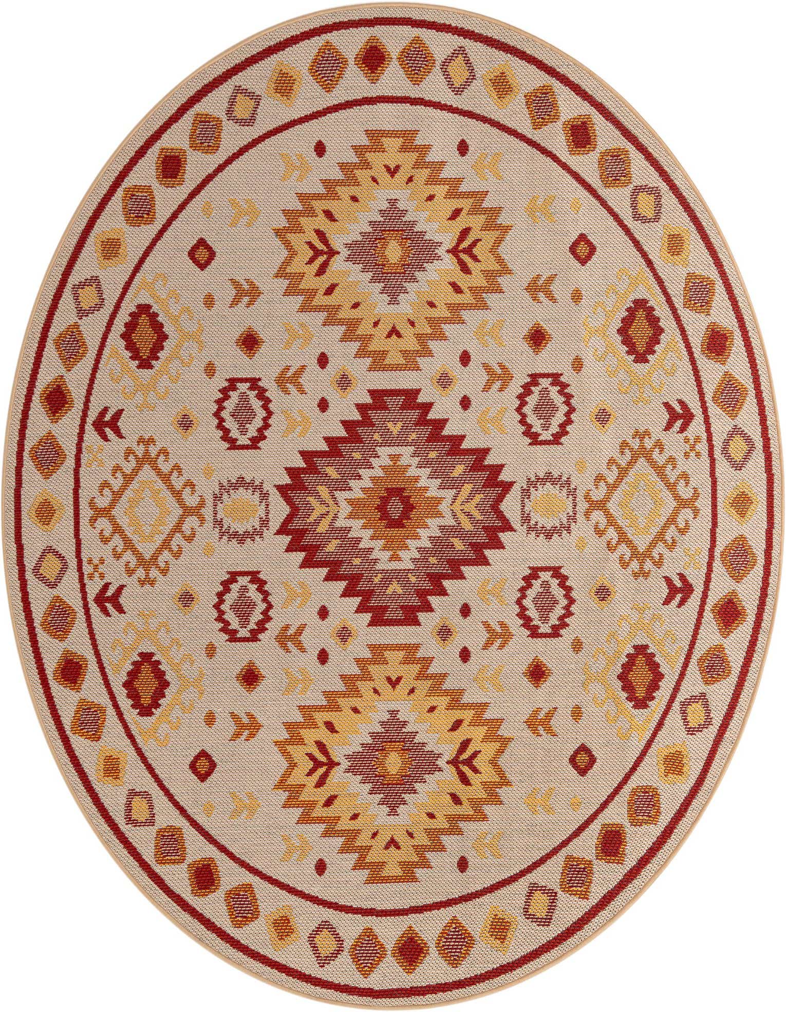 A 7' 10 round beige rug with a rust red and gold traditional medallion pattern, ideal for a patio.