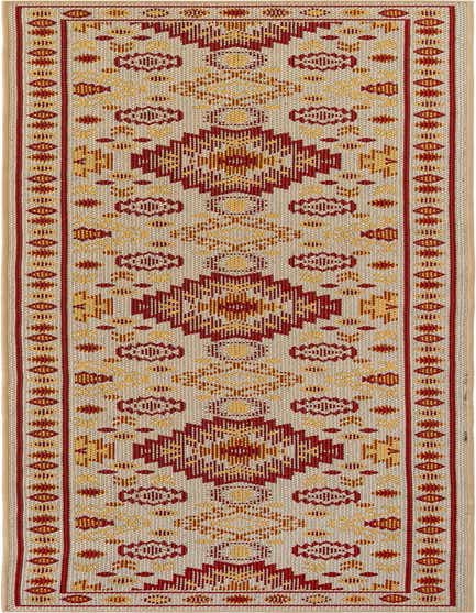 A 12 ft runner rug with a beige background and a traditional Southwestern pattern in rust red and golden yellow, perfect for a hallway or patio.