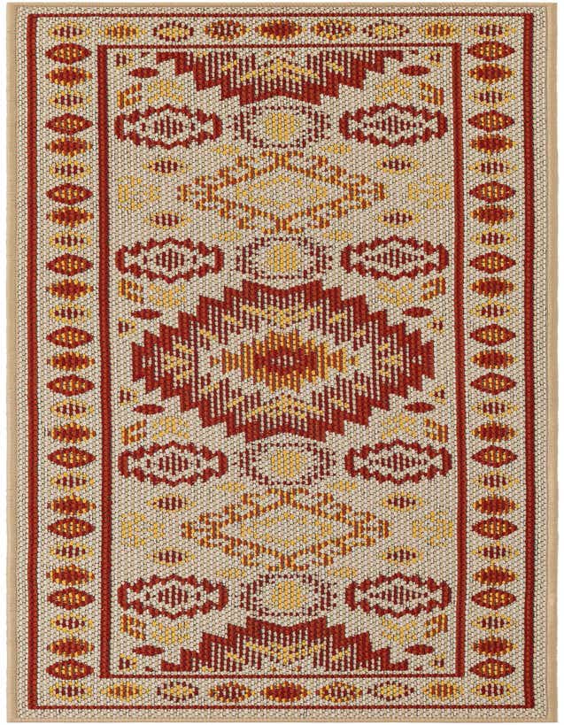 A 6 ft runner rug with a modern geometric pattern in beige, rust red, and yellow, suitable for indoor/outdoor use.