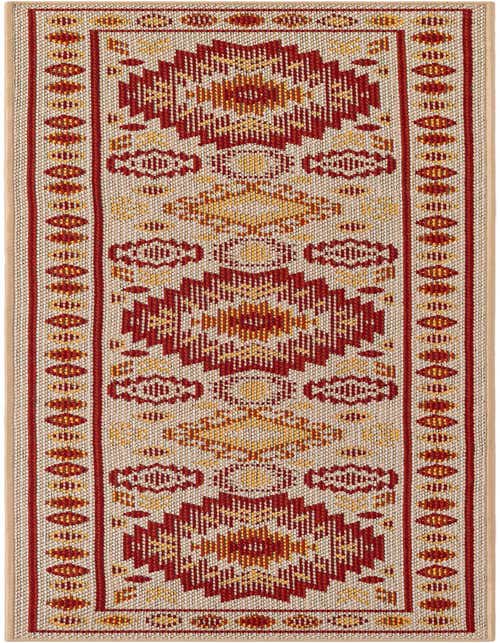 A beige and rust red runner rug with a traditional geometric pattern, ideal for hallways or patios.