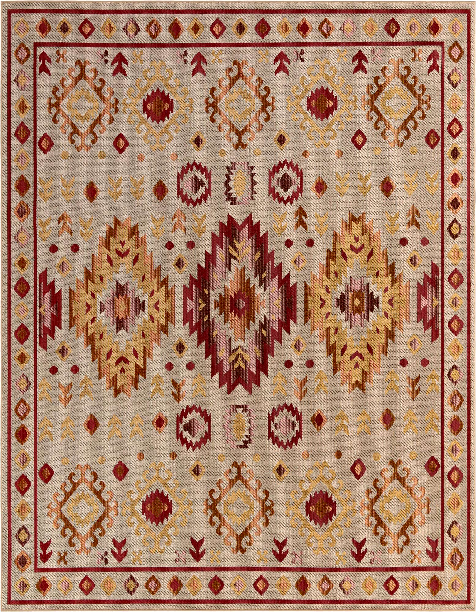 A 10'x10' square Baja Outdoor rug featuring a beige background with a rust red border and geometric patterns in rust red, orange, and yellow.