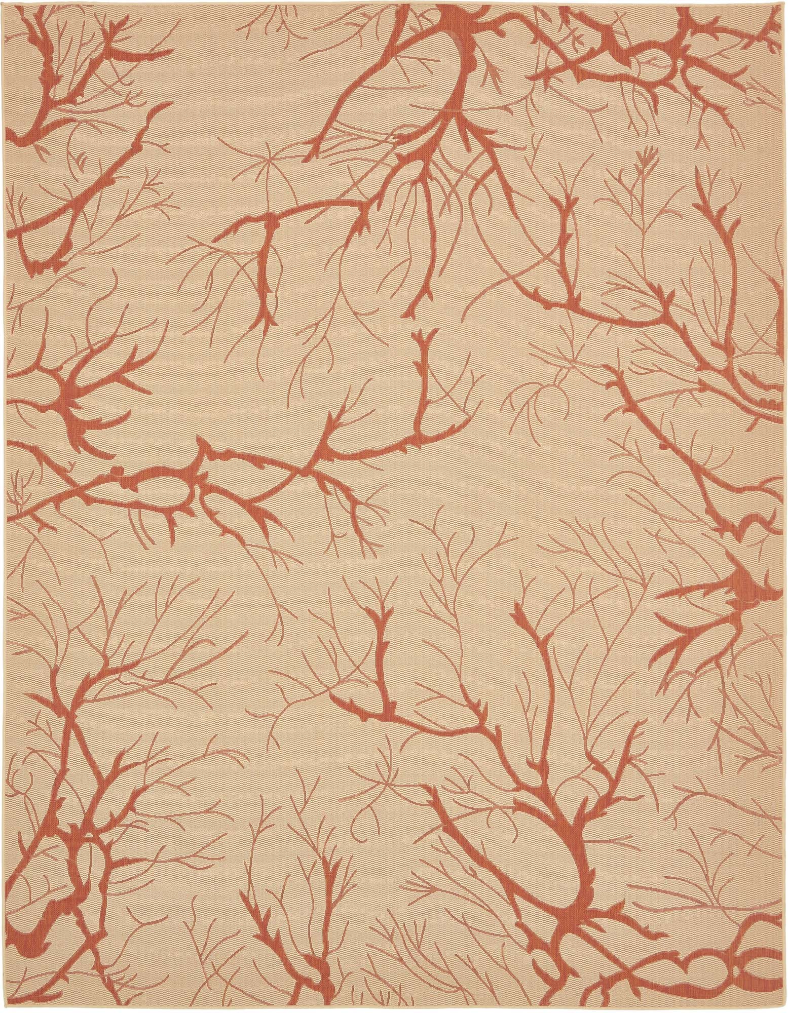 A 9x12 rectangular beige and terracotta rug with a modern tropical botanical pattern of coral branches, suitable for indoor or outdoor use.