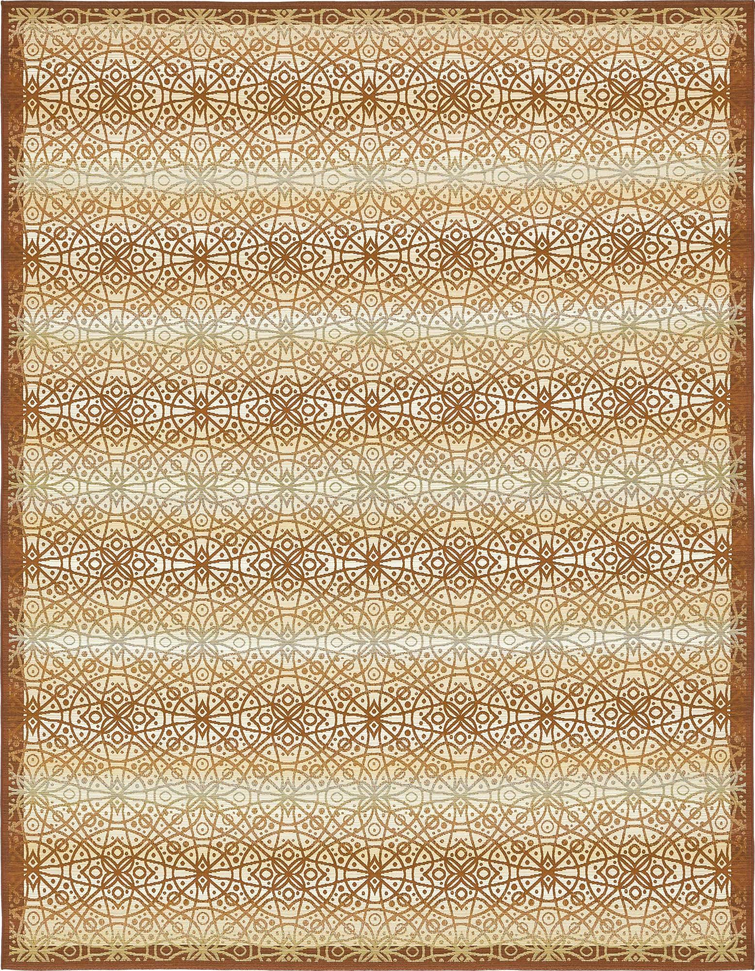 A 10x12 rectangular beige and terracotta outdoor rug featuring an eclectic trellis pattern and a flatweave texture.
