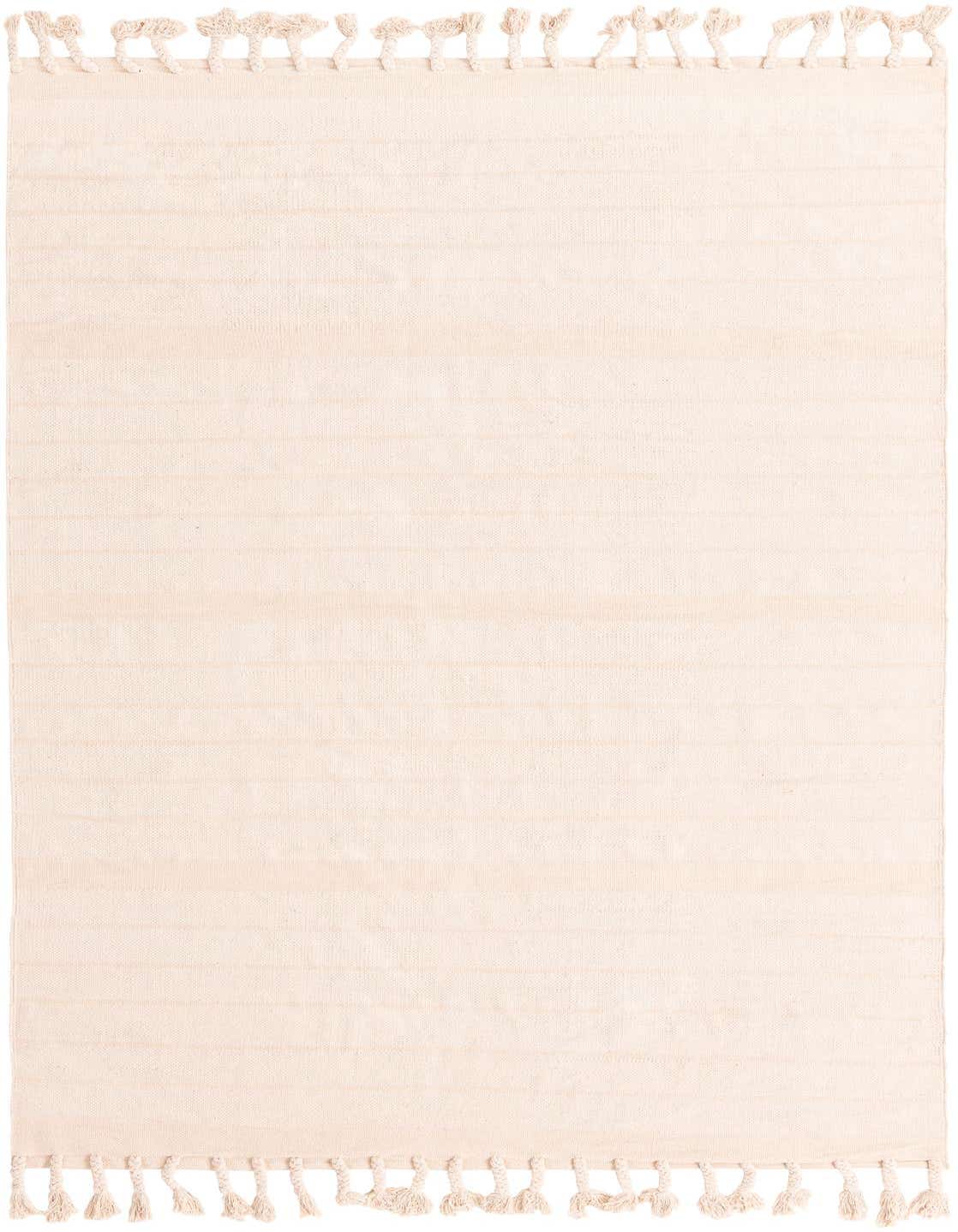 A 6x9 rectangular beige and white flatweave cotton rug with subtle horizontal stripes and decorative tassels at both ends, suitable for a living room.