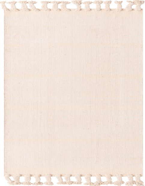 A 10 ft runner rug in beige and white, featuring a solid flatweave design with braided tassels on both ends, ideal for a hallway.