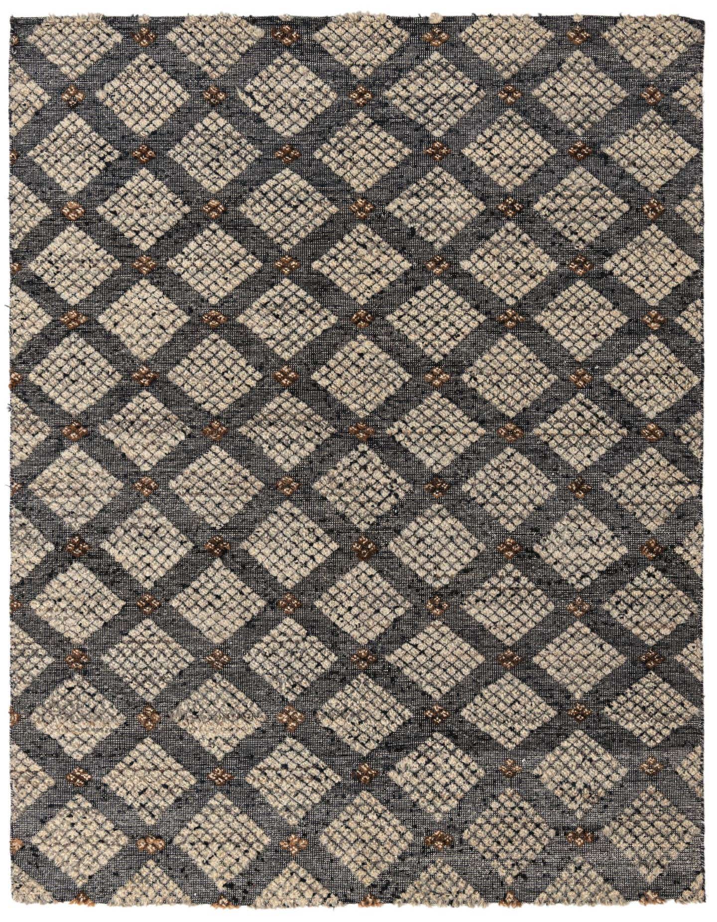 A 5x8 rectangular Darya rug in beige and black, featuring a textured modern geometric pattern with small brown accents.