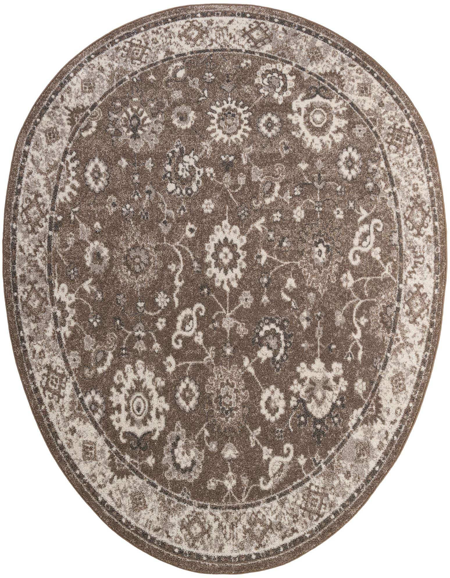 A round, brown and ivory vintage oriental rug with a distressed floral medallion pattern and decorative border.