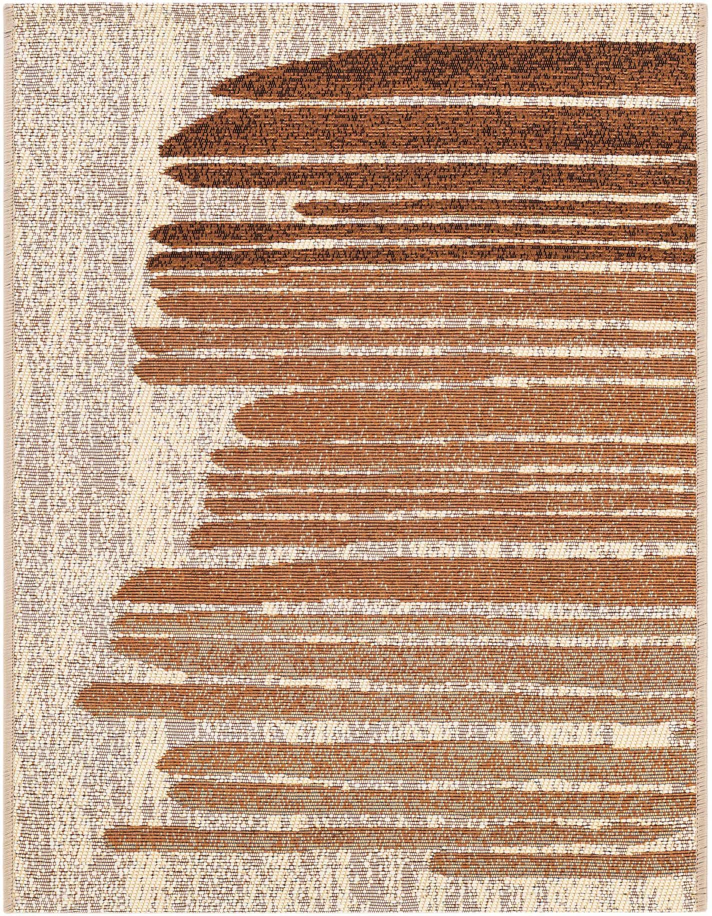 A 2x3 rectangular Rugs.com Outdoor Modern rug featuring a contemporary abstract pattern of horizontal stripes in varying shades of brown, tan, and cream.