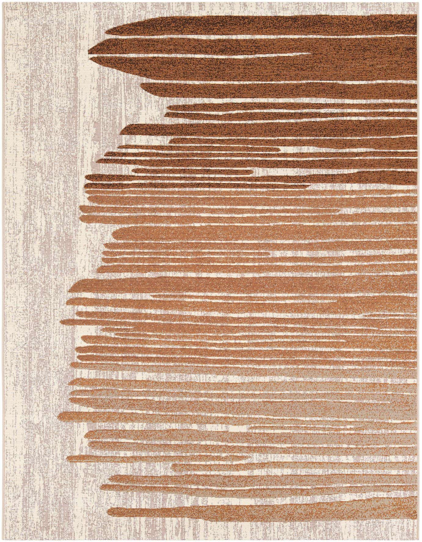 A 5x8 rectangular modern abstract rug featuring horizontal brushstroke-like patterns in varying shades of brown, tan, and cream on a light ivory background, ideal for indoor or outdoor spaces.