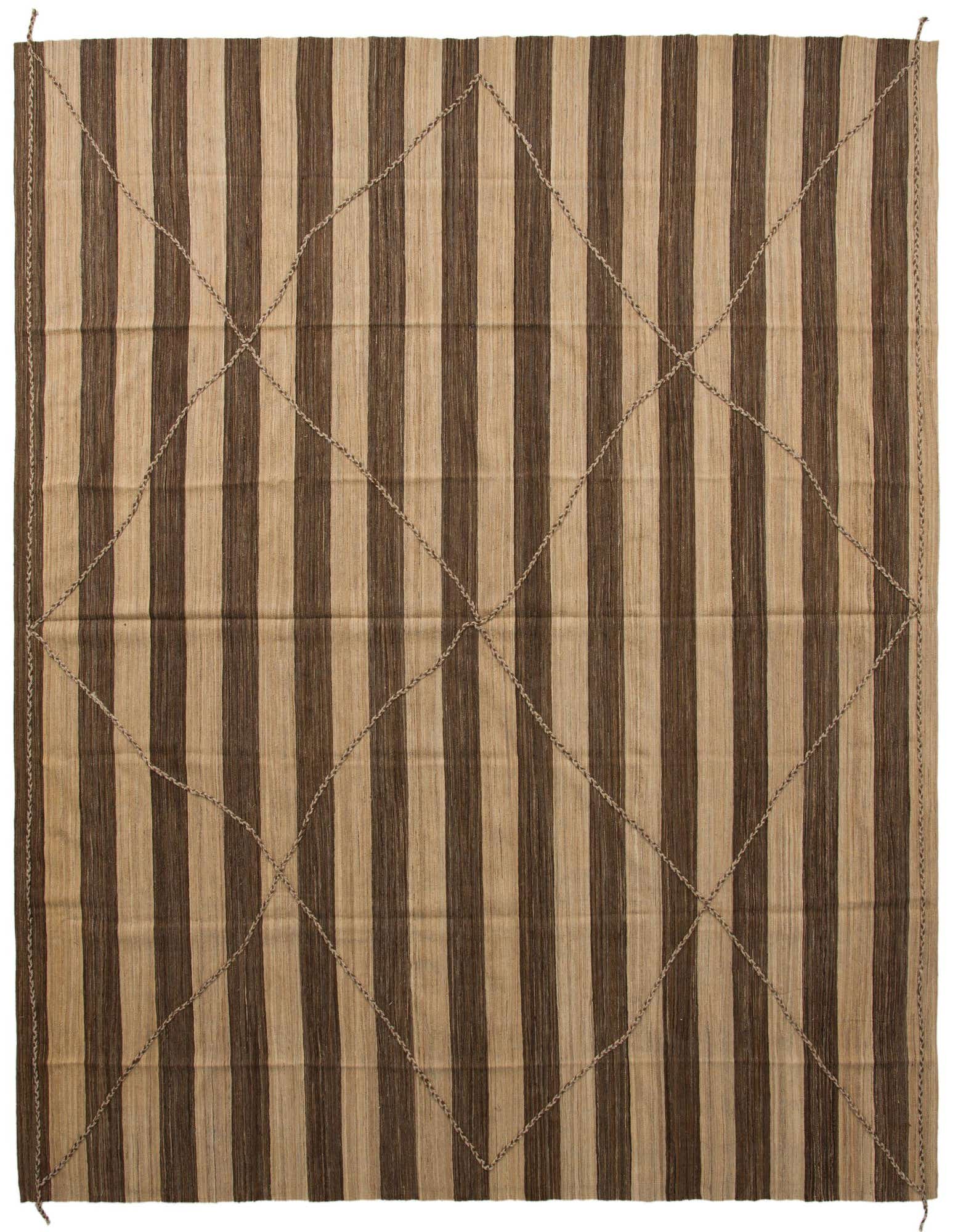 A large square rug featuring alternating vertical stripes of dark brown and natural tan, with a subtle diamond pattern overlay.