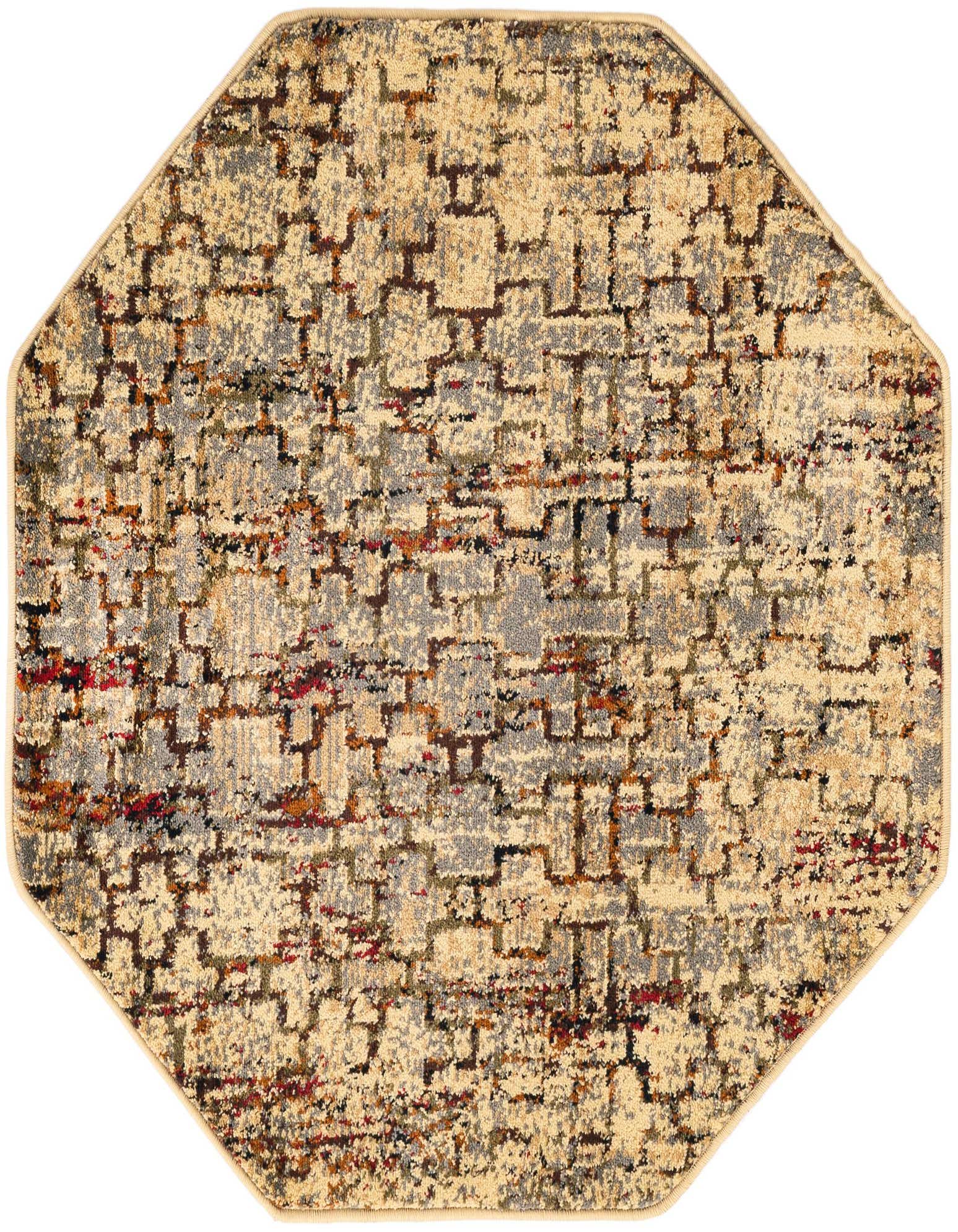 An octagon-shaped area rug featuring an abstract, distressed pattern in ivory, cream, gray, and subtle red tones.