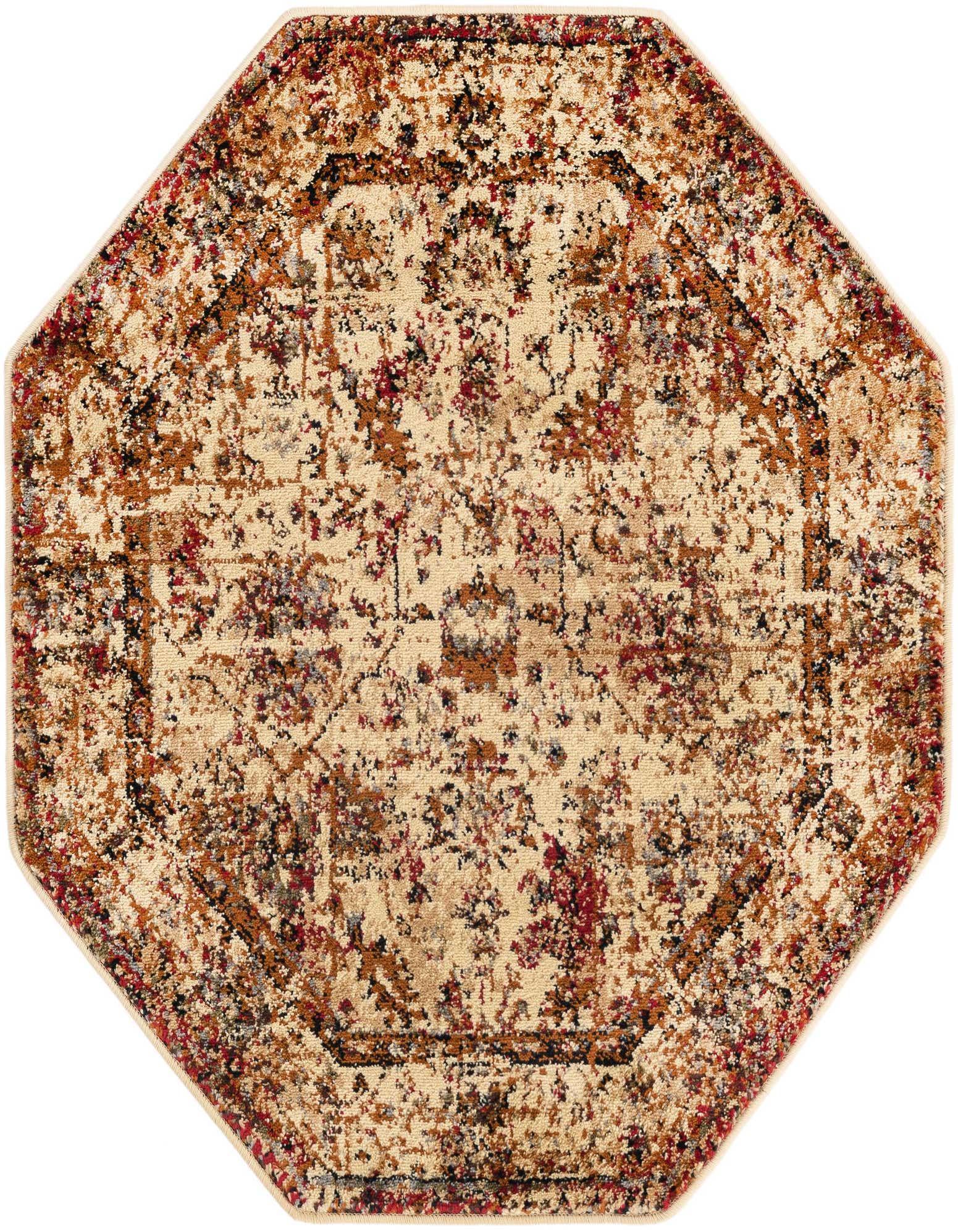 An ivory octagon rug with a distressed traditional pattern in shades of cream, brown, red, and blue, featuring a central medallion and border.