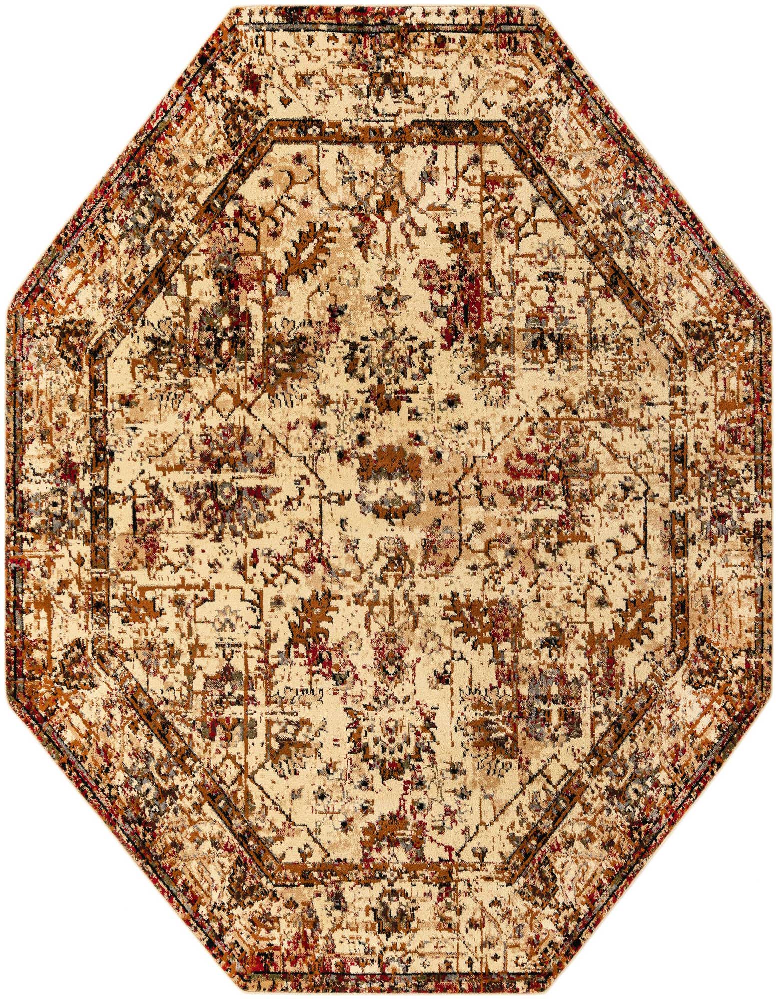 An ivory and cream octagon rug with a traditional, tribal, and floral pattern in shades of red, brown, and gray.