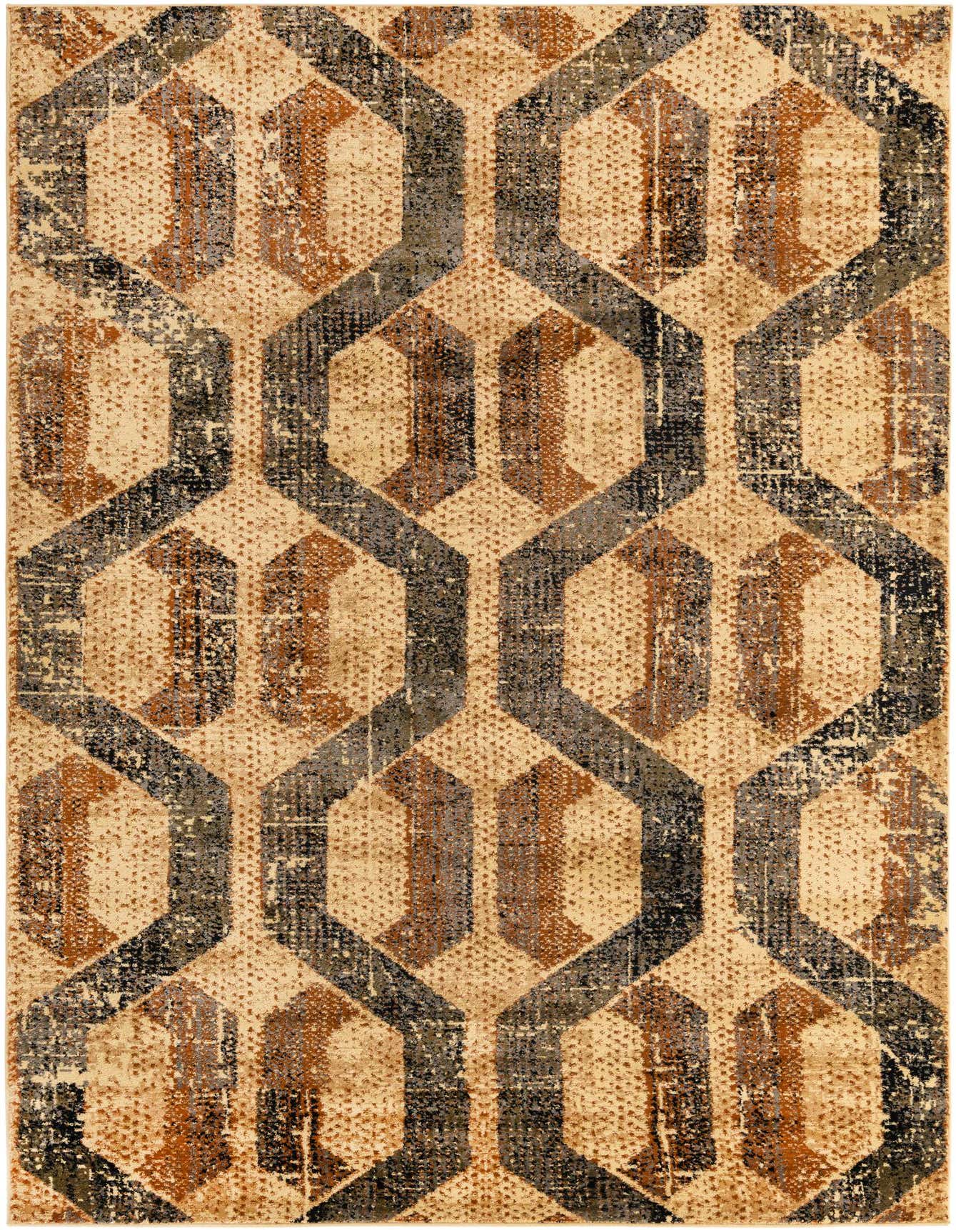 A 6x9 rectangular ivory area rug featuring a distressed modern trellis pattern in shades of brown, black, and gray.