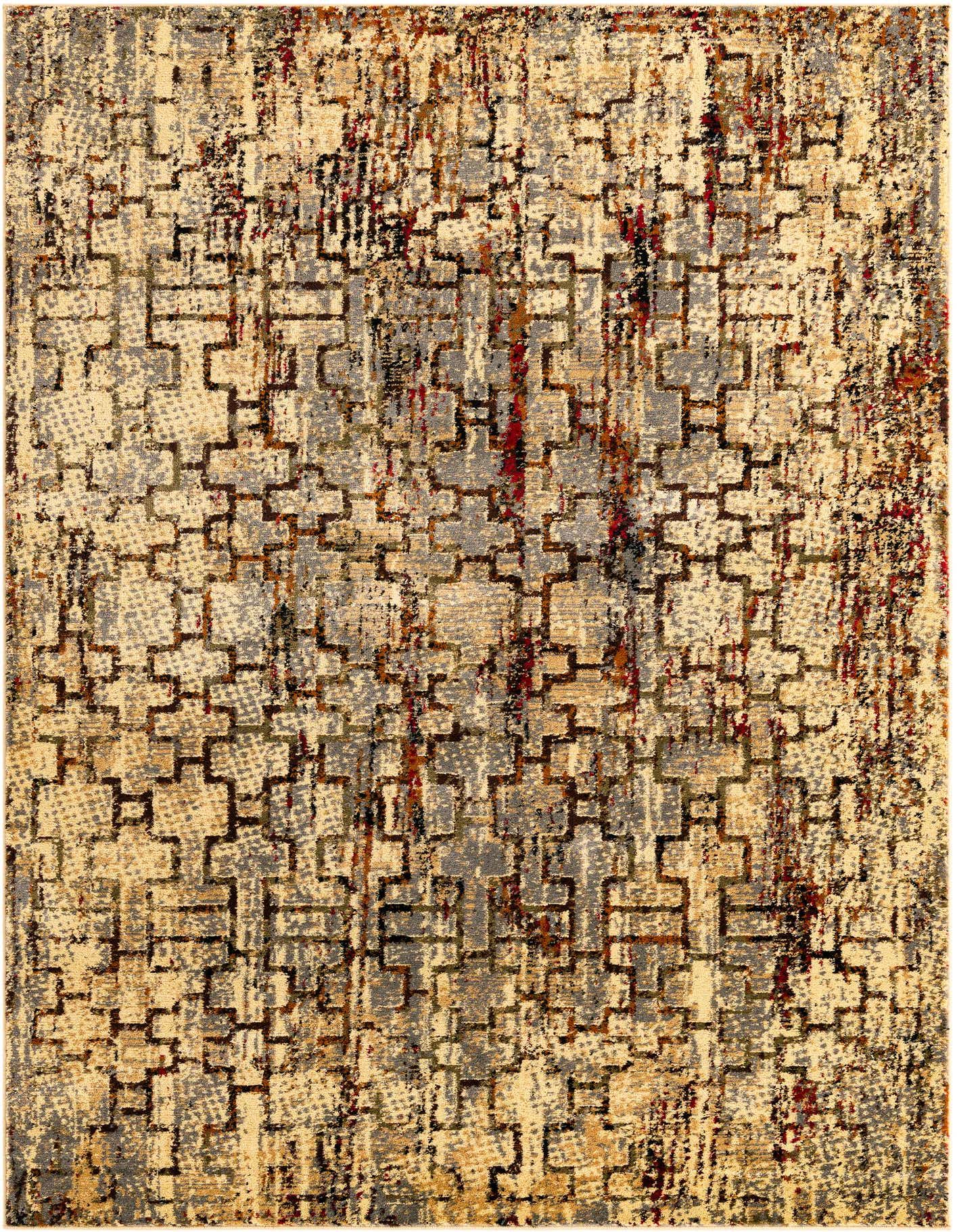 A 10x14 rectangular ivory and cream modern abstract rug with a distressed geometric pattern and hints of gray and red.