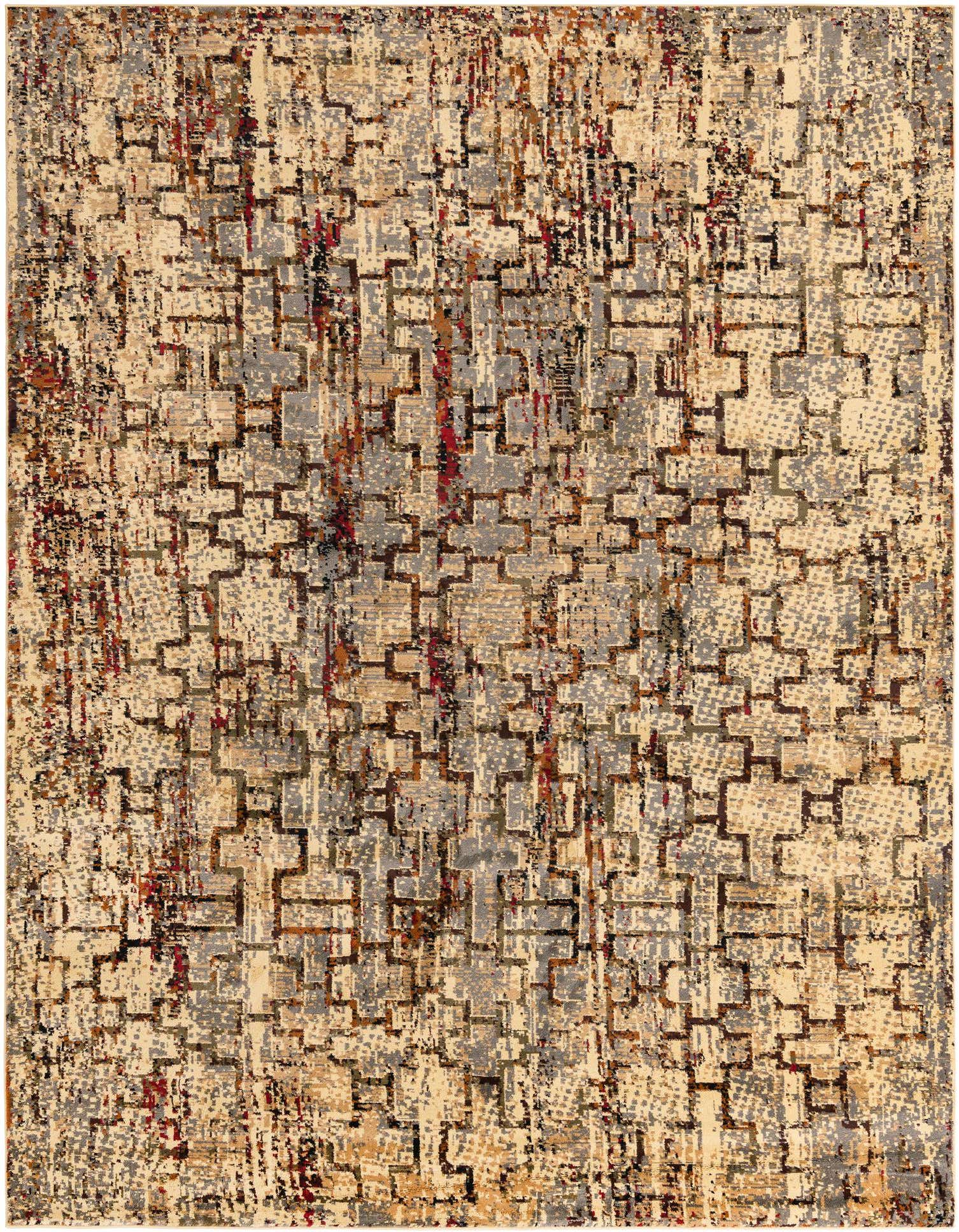A 9x12 rectangular ivory and cream area rug with a modern abstract pattern featuring gray, red, and brown accents.
