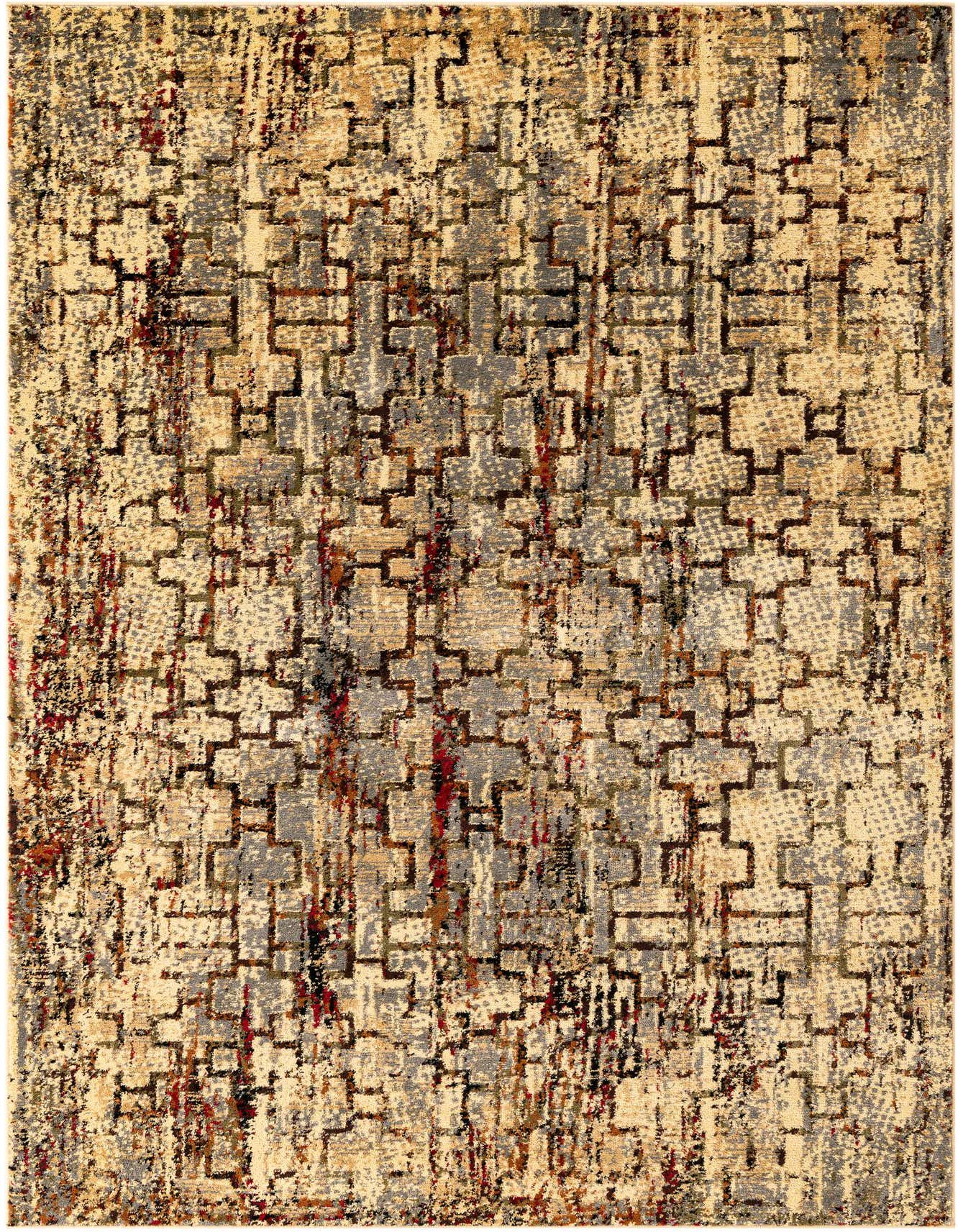 A 6x9 rectangular ivory and cream area rug with a modern abstract pattern of interlocking geometric shapes and distressed grey and red accents.