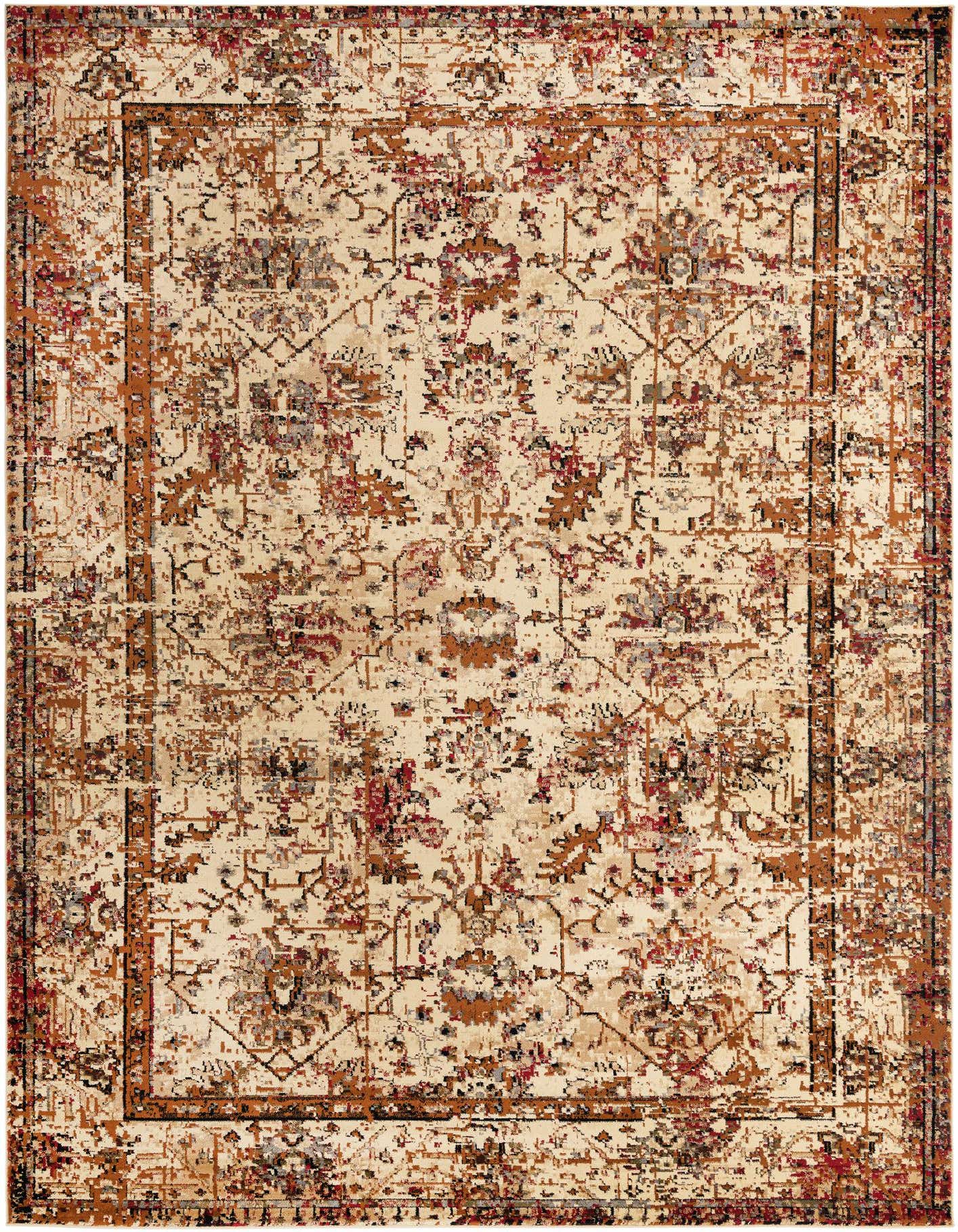 A 10x14 rectangular ivory area rug with a distressed traditional floral and tribal pattern in shades of cream, rust, and brown.