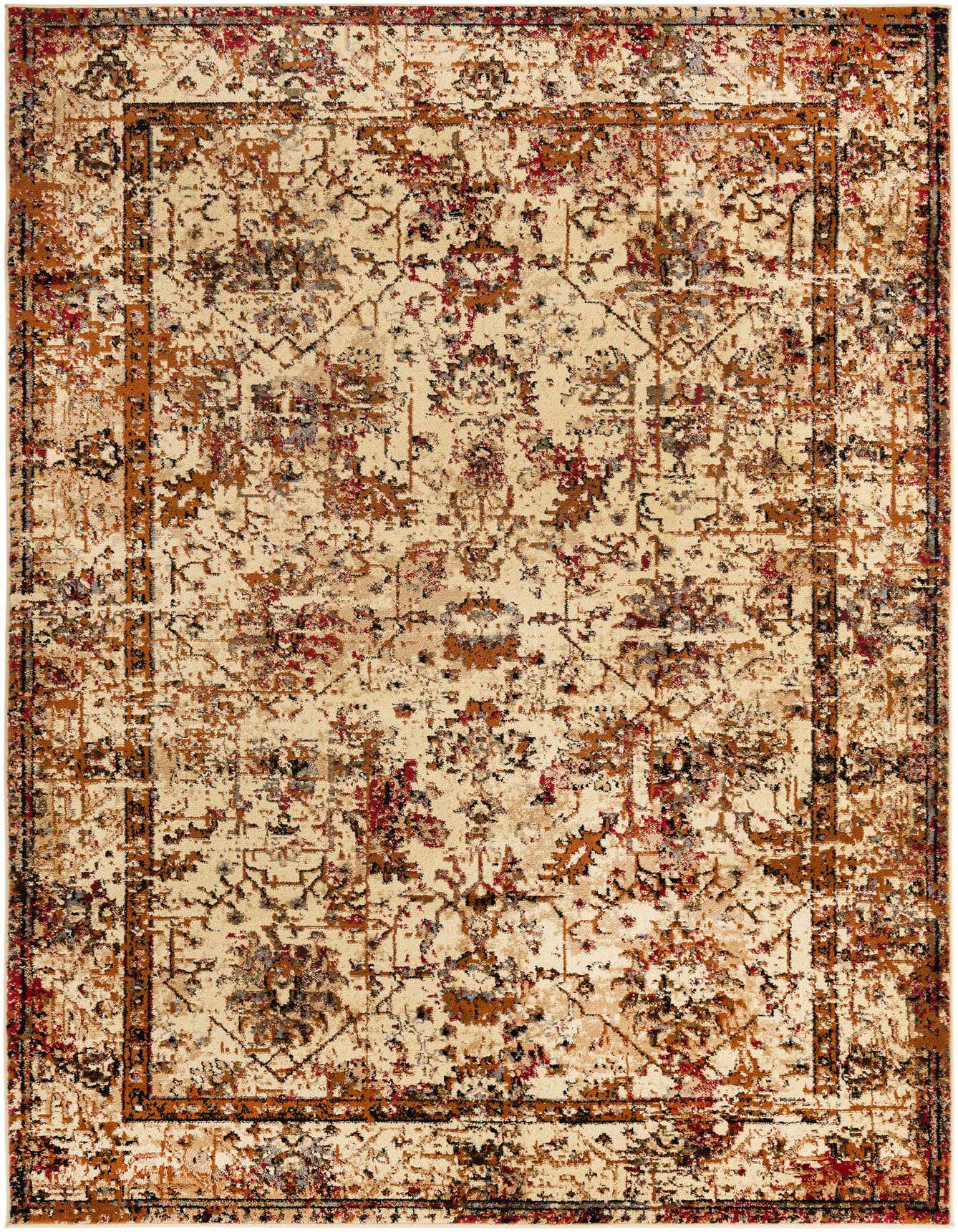 A 6x9 rectangular ivory area rug featuring a distressed traditional floral and tribal pattern with accents of rust, red, and brown.
