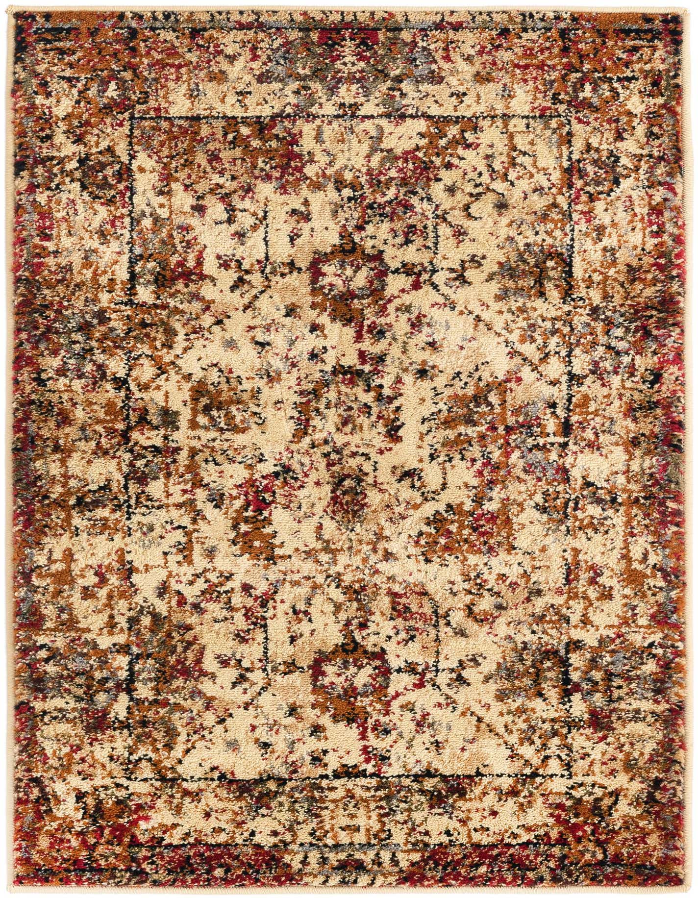 A 2x3 rectangular ivory rug with a distressed traditional floral pattern in reds, browns, and black, suitable for an entryway.