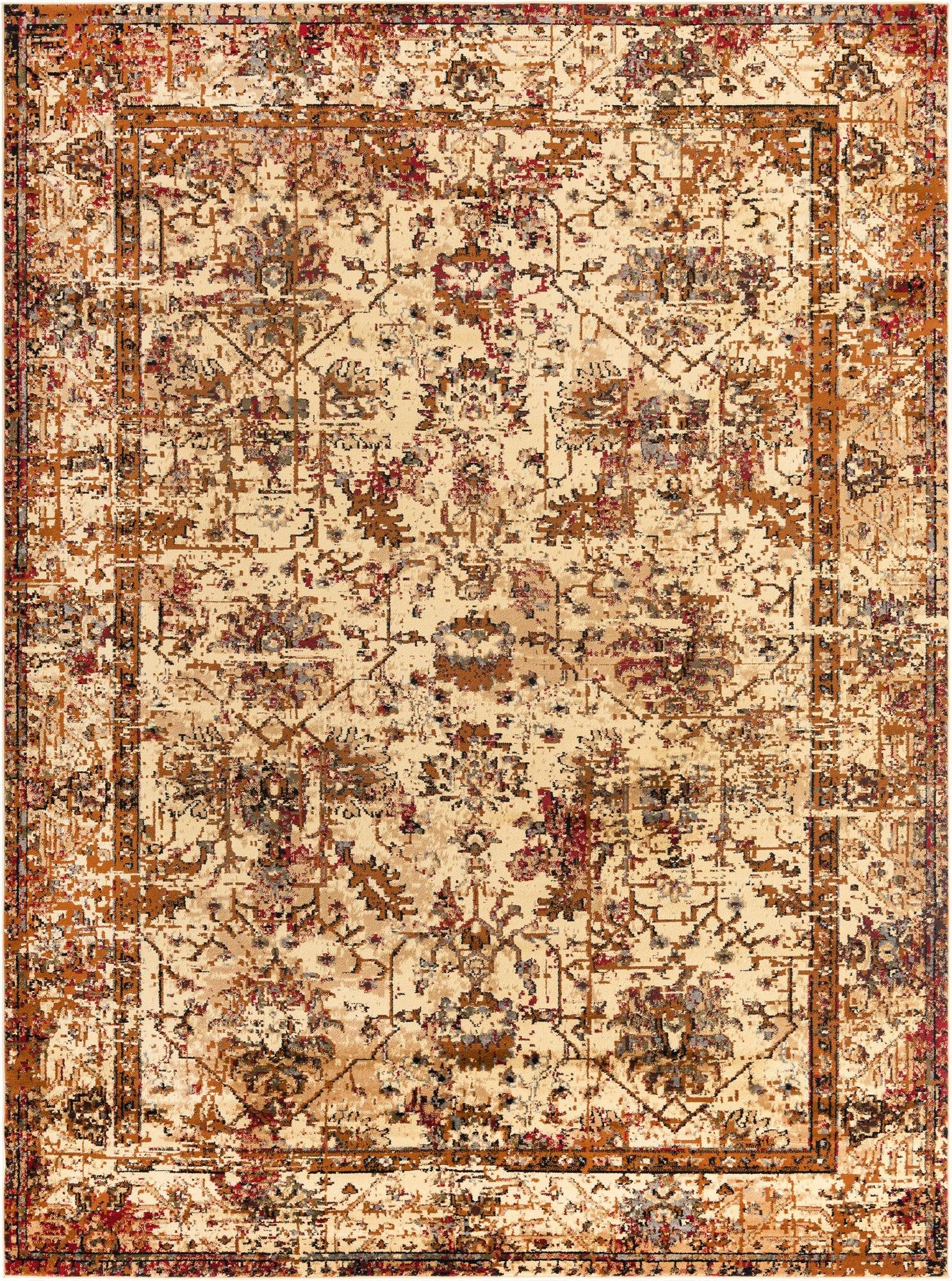 A 9x12 rectangular ivory area rug with a distressed traditional floral and tribal pattern in shades of cream, brown, red, and grey, suitable for a living room.
