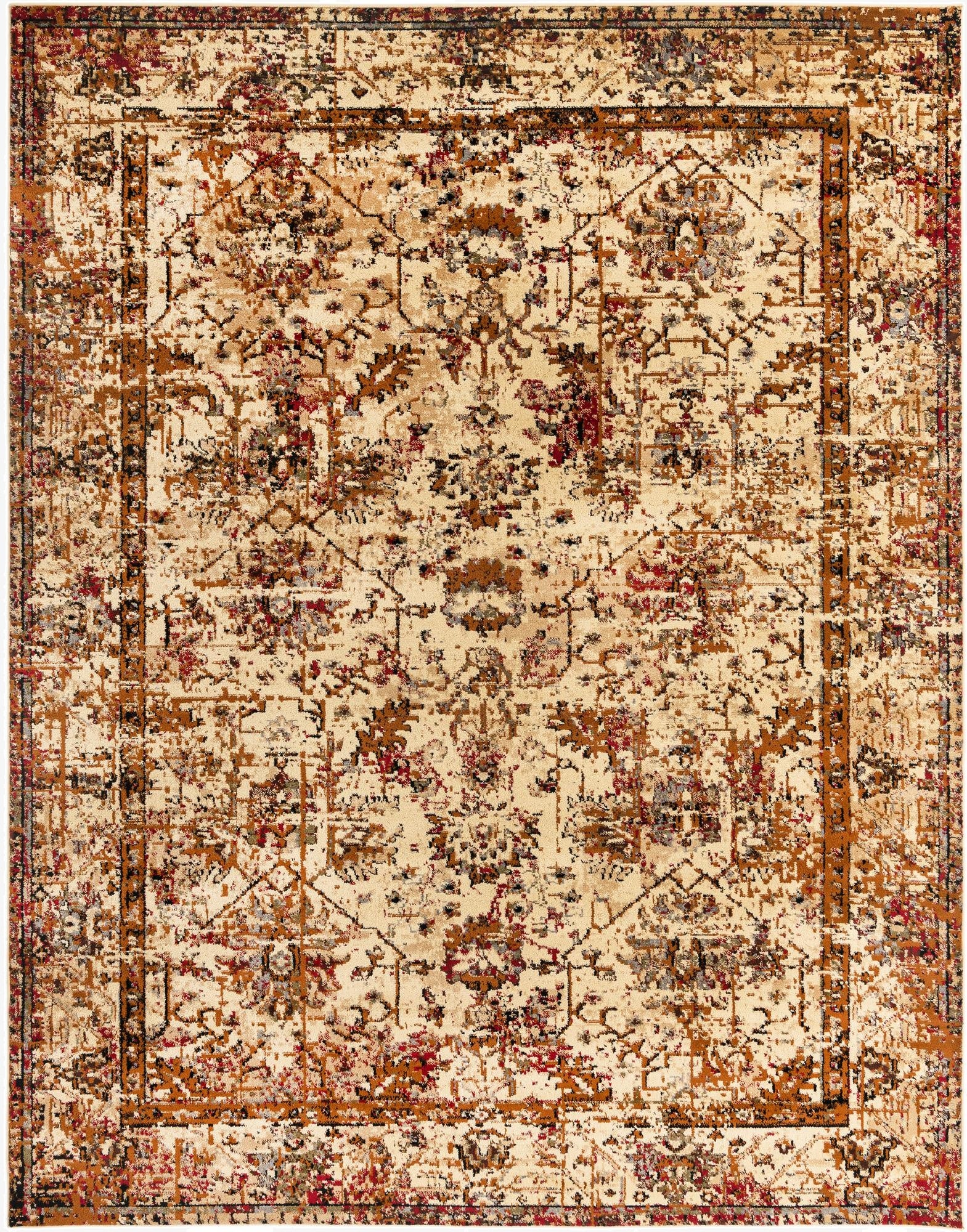 An 8x10 rectangular ivory and cream area rug with a distressed traditional floral and tribal pattern, featuring accents of brown, red, and black.