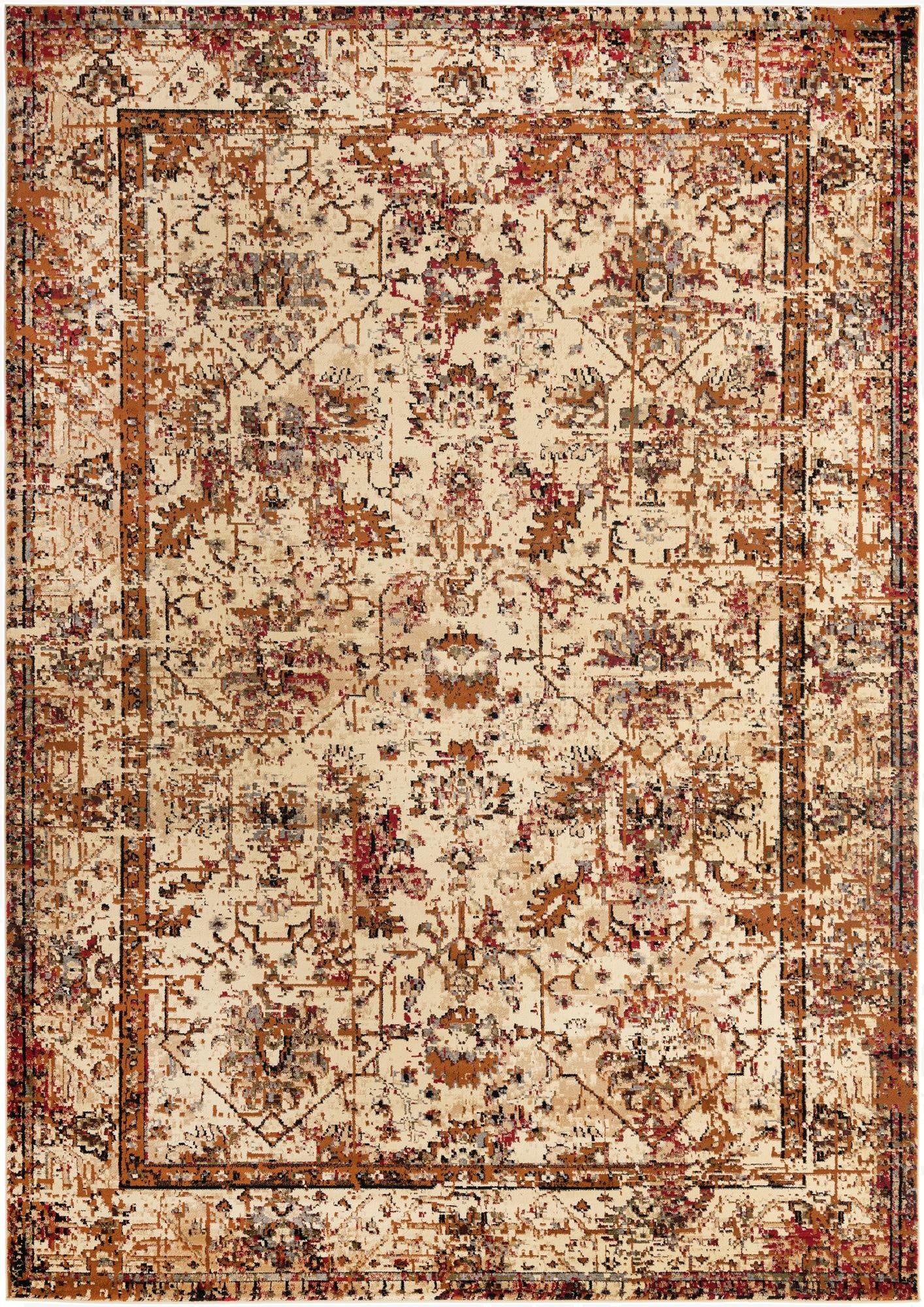 A 10x14 rectangular ivory area rug with a distressed traditional floral and tribal pattern in shades of cream, rust, and brown.