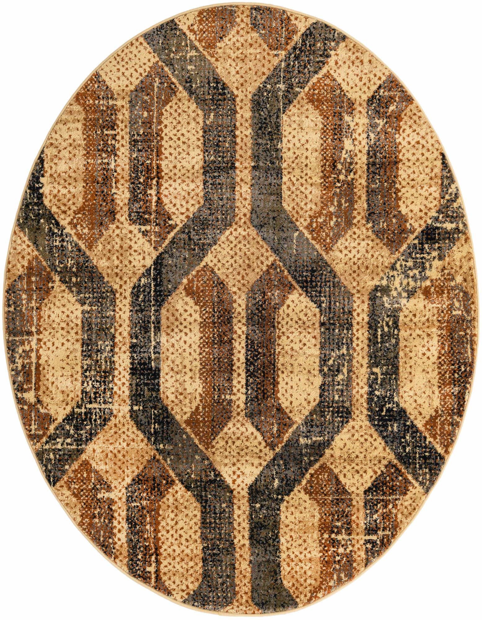 A round 5' 3 x 5' 3 Rugs.com Saturn rug featuring a distressed modern trellis pattern in ivory, cream, brown, and dark gray.