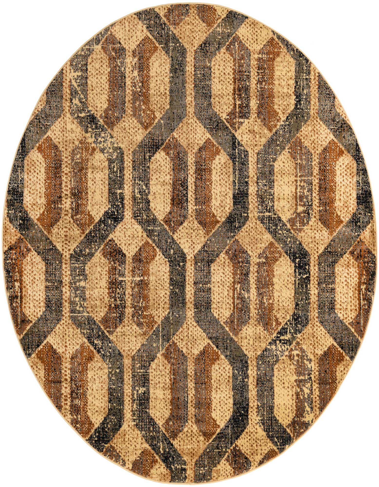 A round 7' 0 x 7' 0 ivory, brown, and gray modern trellis rug with a distressed vintage look.
