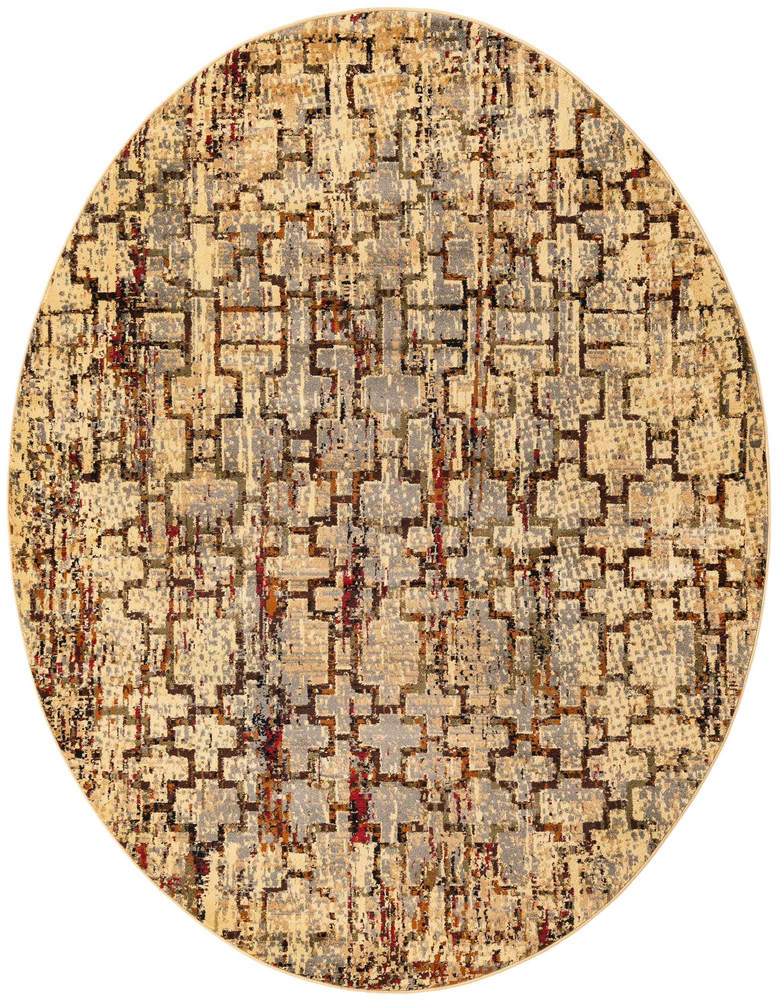A 7' round ivory and cream rug with a modern abstract pattern featuring distressed grey, brown, and red accents.