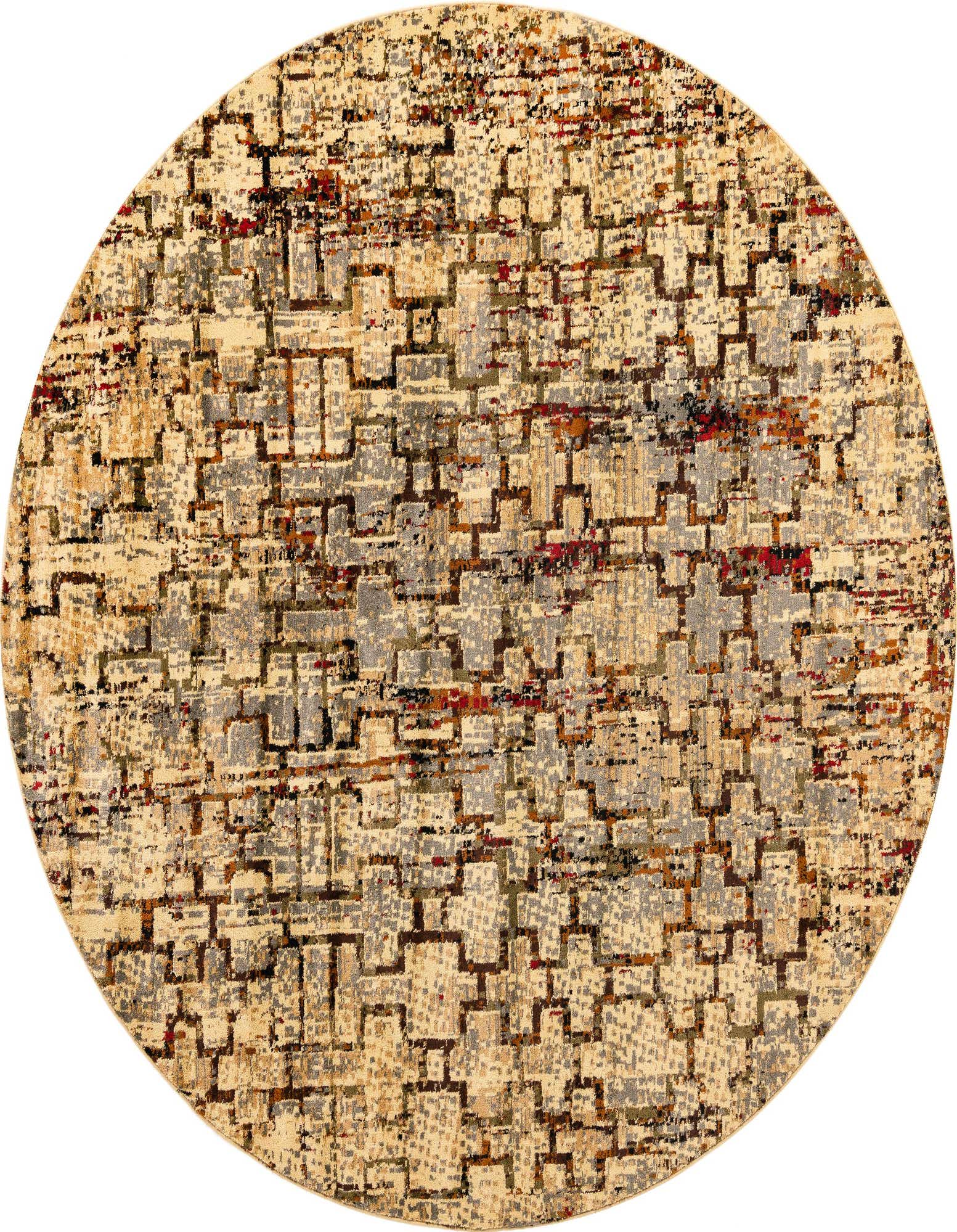 A round, 7'10" ivory and cream rug with a modern abstract geometric pattern in varying shades of gray, brown, and hints of red.