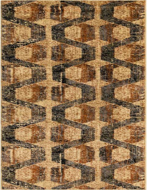 A 9 ft runner rug featuring a distressed modern trellis pattern in ivory, cream, brown, and dark gray, ideal for a hallway.