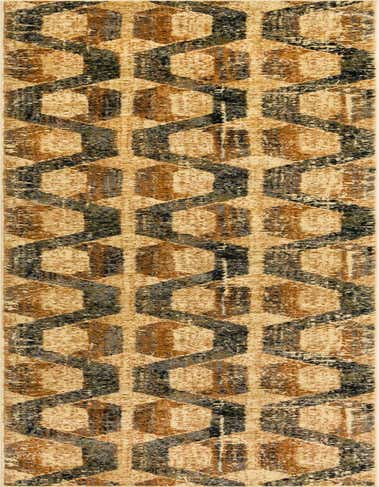 A 12 ft runner rug with a modern trellis pattern in distressed ivory, brown, and dark gray, perfect for a hallway.