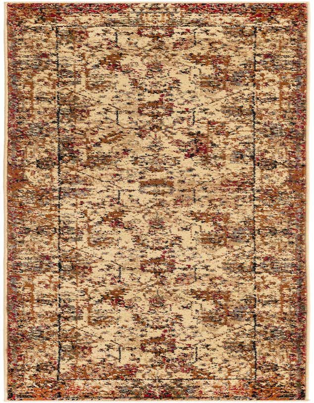 A 7 ft runner rug in ivory and cream with a distressed traditional floral pattern and tribal accents, ideal for a hallway.